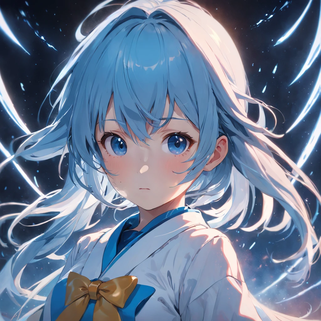 Extremely detailed CG unified 8K wallpaper, very fine 8KCG wallpaper, absurderes,Lori ,Best quality ,ultra - detailed ,Beautiful face ,tmasterpiece、Head-to-waist display、A girl stands、top-quality(tmasterpiece), top-quality, 1girl in, lightblue hair、twosideup、Light blue sailor suit and light blue cardigan、Light blue ribbon、light blue eyes、kawaii
