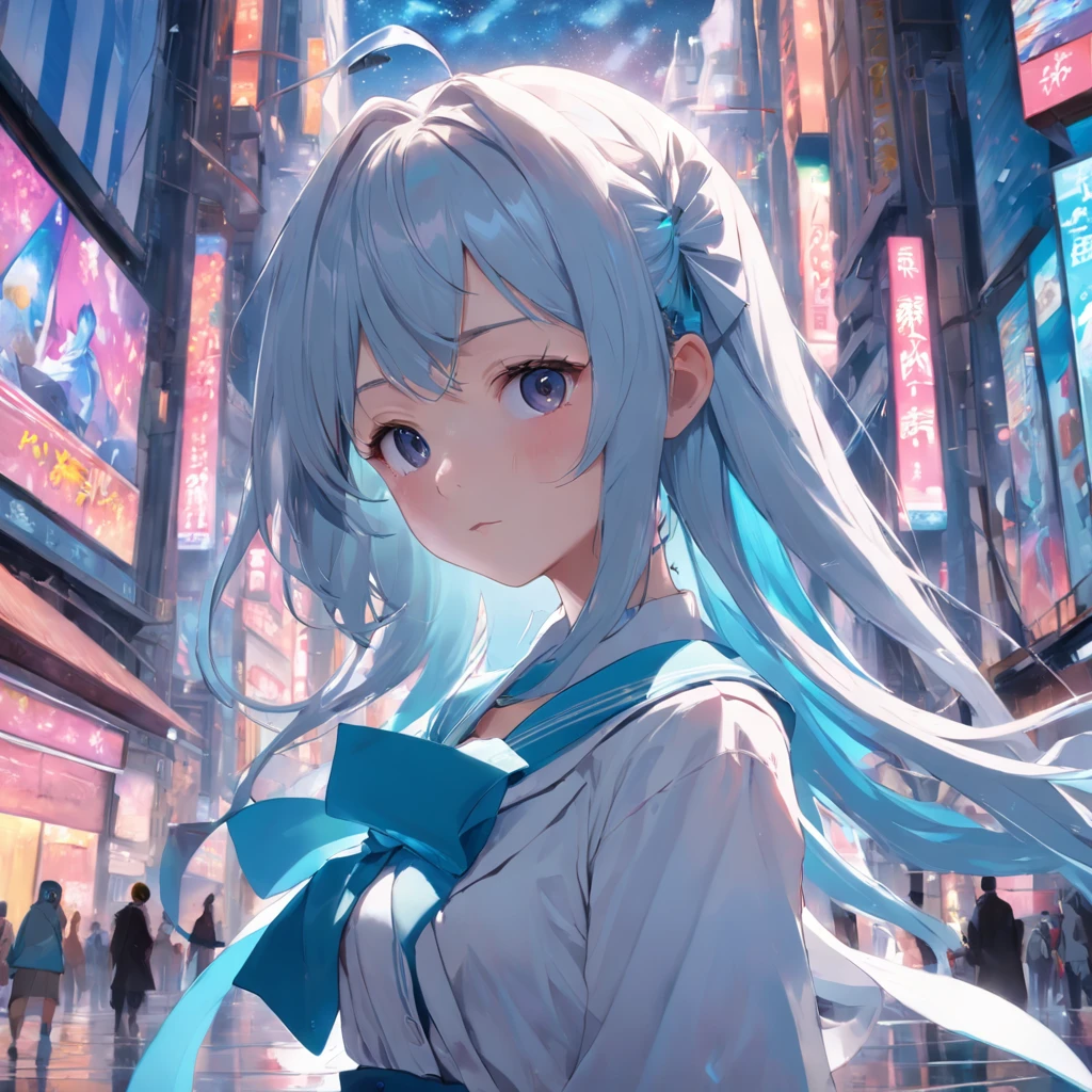 Extremely detailed CG unified 8K wallpaper, very fine 8KCG wallpaper, absurderes，Lori ，Best quality ，ultra - detailed ，Beautiful face  ，tmasterpiece、Head-to-waist display、A girl stands、top-quality(tmasterpiece), top-quality, 1girl in, lightblue hair、twosideup、Light blue sailor suit and light blue cardigan、Light blue ribbon、light blue  eyes、kawaii