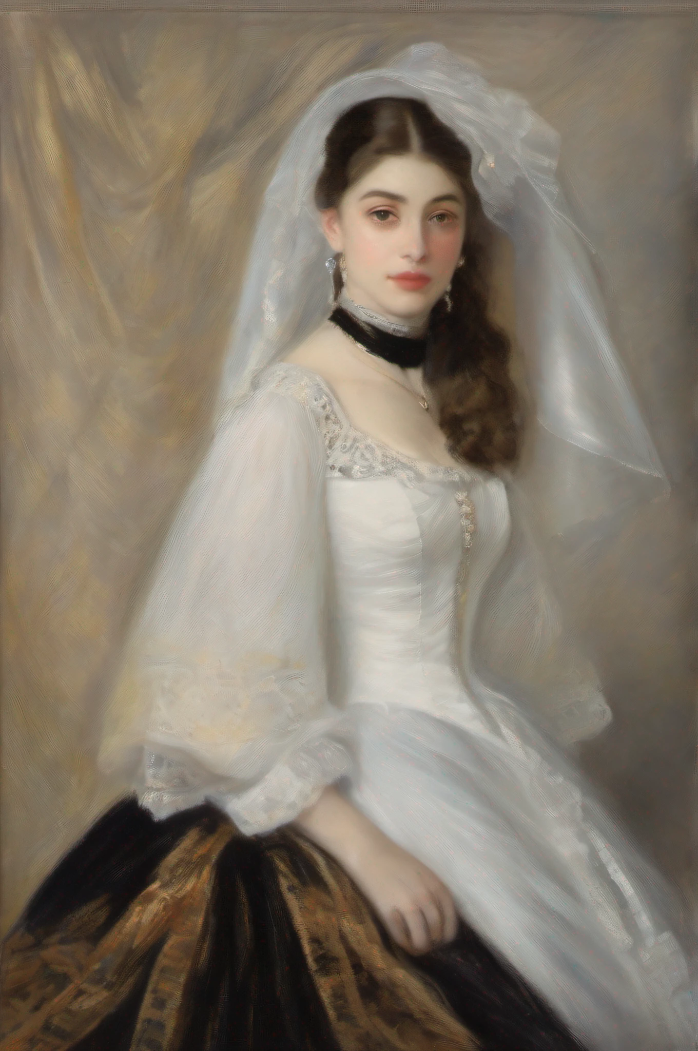 a painting of a woman in a black dress with a white veil, inspired by Francisco de Burgos Mantilla, portrait of morana, by Renoir, a young woman, painting of a woman, by Francisco Oller, maria fortuny, portrait of a european woman, young woman, portrait of the actress, portrait of a young women