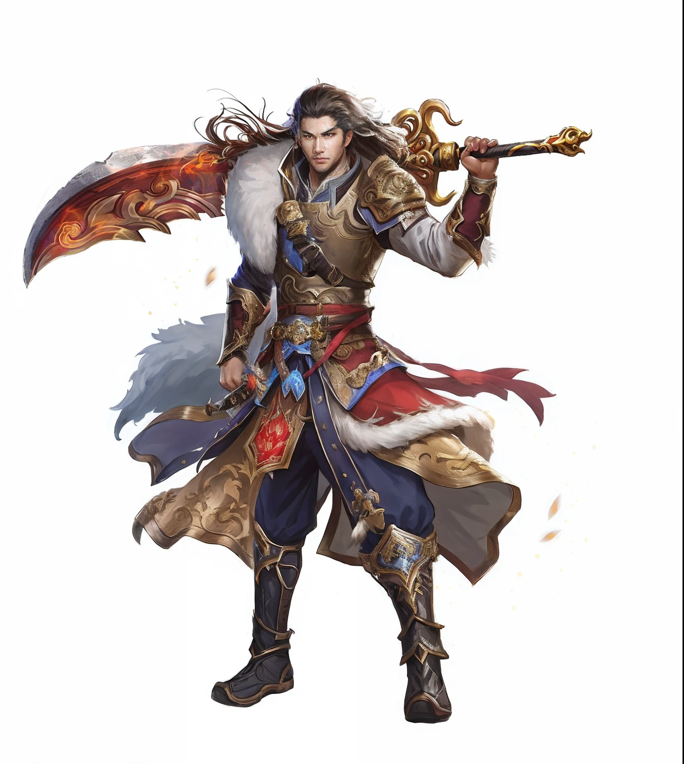 a close up of a person with a sword and a costume, by Yang J, picture of an adult male warrior, Male Warrior, shadowverse character concept, author:Yang Jin, bian lian, rpg character art, author:Shen Zhou, author:Yang Borun, epic exquisite character art, rpg character, human male character art, author:Zhou Chen, D & D fantasy characters
