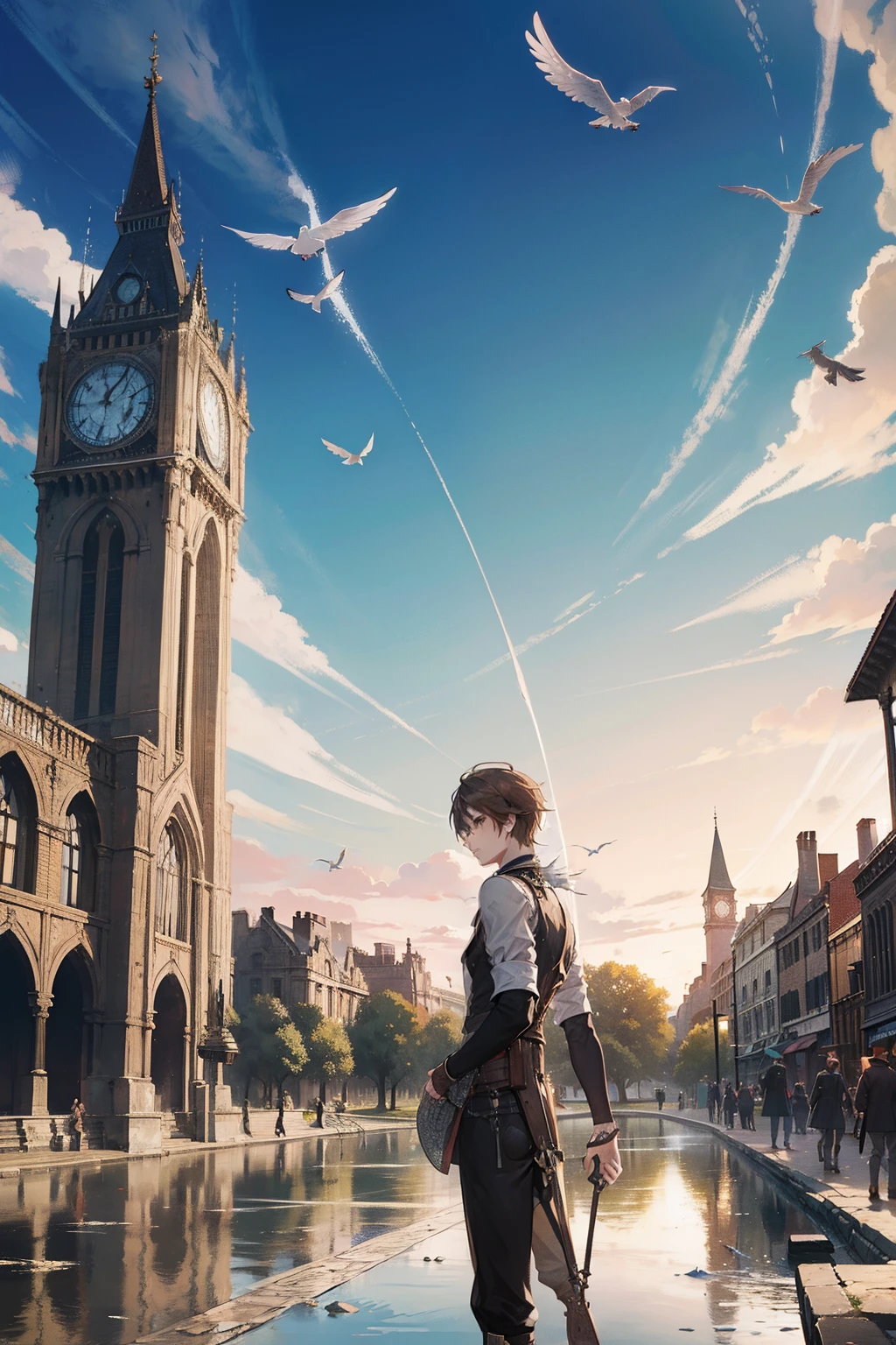 Doves fly over the noble park The fountain steampunc male people twinks {{ember}}