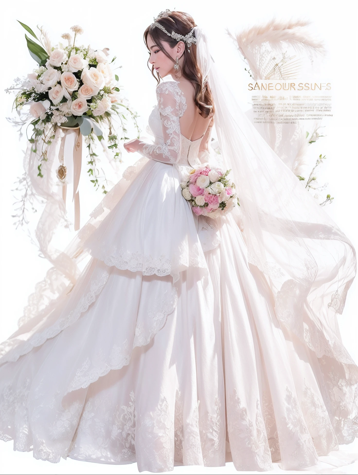 a close up of a woman in a wedding dress with a bouquet, detailed dress and face, detailed fashion illustration, wedding dress, digital art of an elegant, dressed beautiful gown, beautiful drawing style, gown, intricate gown, exquisite digital illustration, dreamy and detailed, beautiful gown, robe. extremely high details, white regal gown, white gown, beautiful wedding dress, realistic, ultra detailed, real