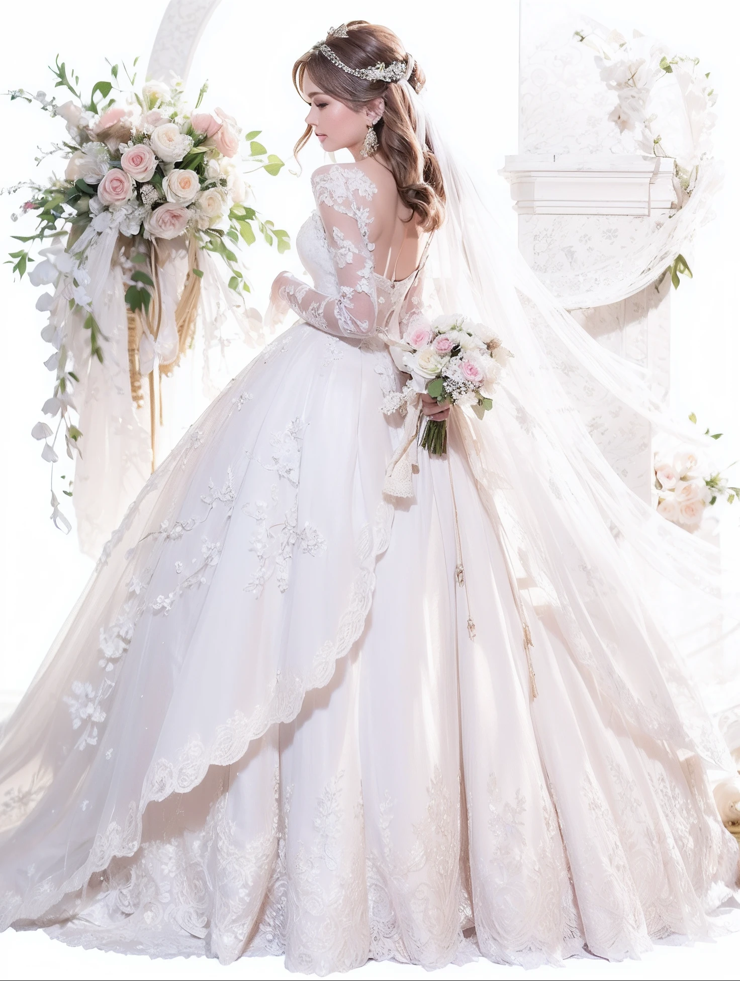 a close up of a woman in a wedding dress with a bouquet, detailed dress and face, detailed fashion illustration, wedding dress, digital art of an elegant, dressed beautiful gown, beautiful drawing style, gown, intricate gown, exquisite digital illustration, dreamy and detailed, beautiful gown, robe. extremely high details, white regal gown, white gown, beautiful wedding dress, realistic, ultra detailed, real