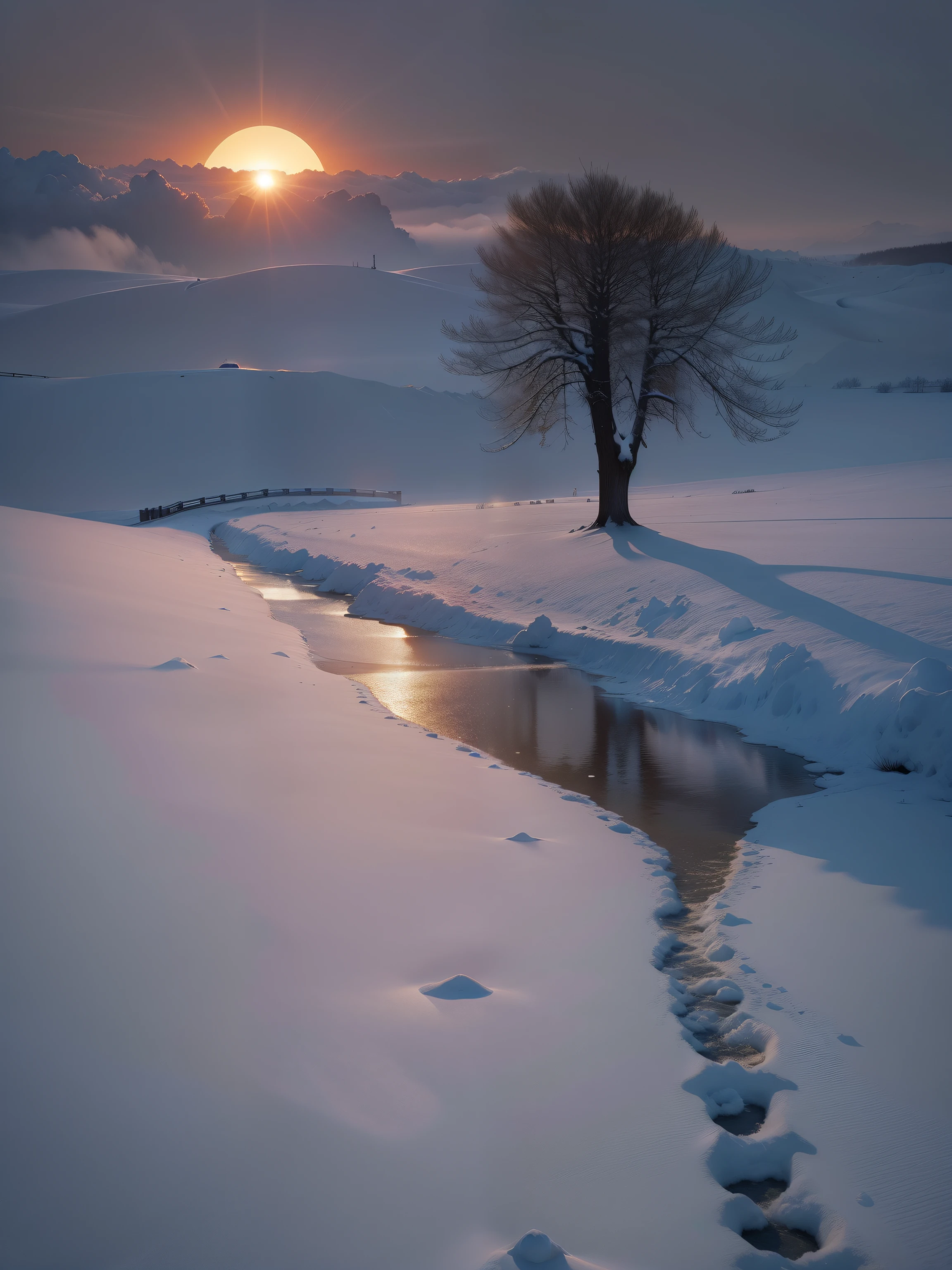 The rising sun rises in the east ,gigantic sun,Winter morning。