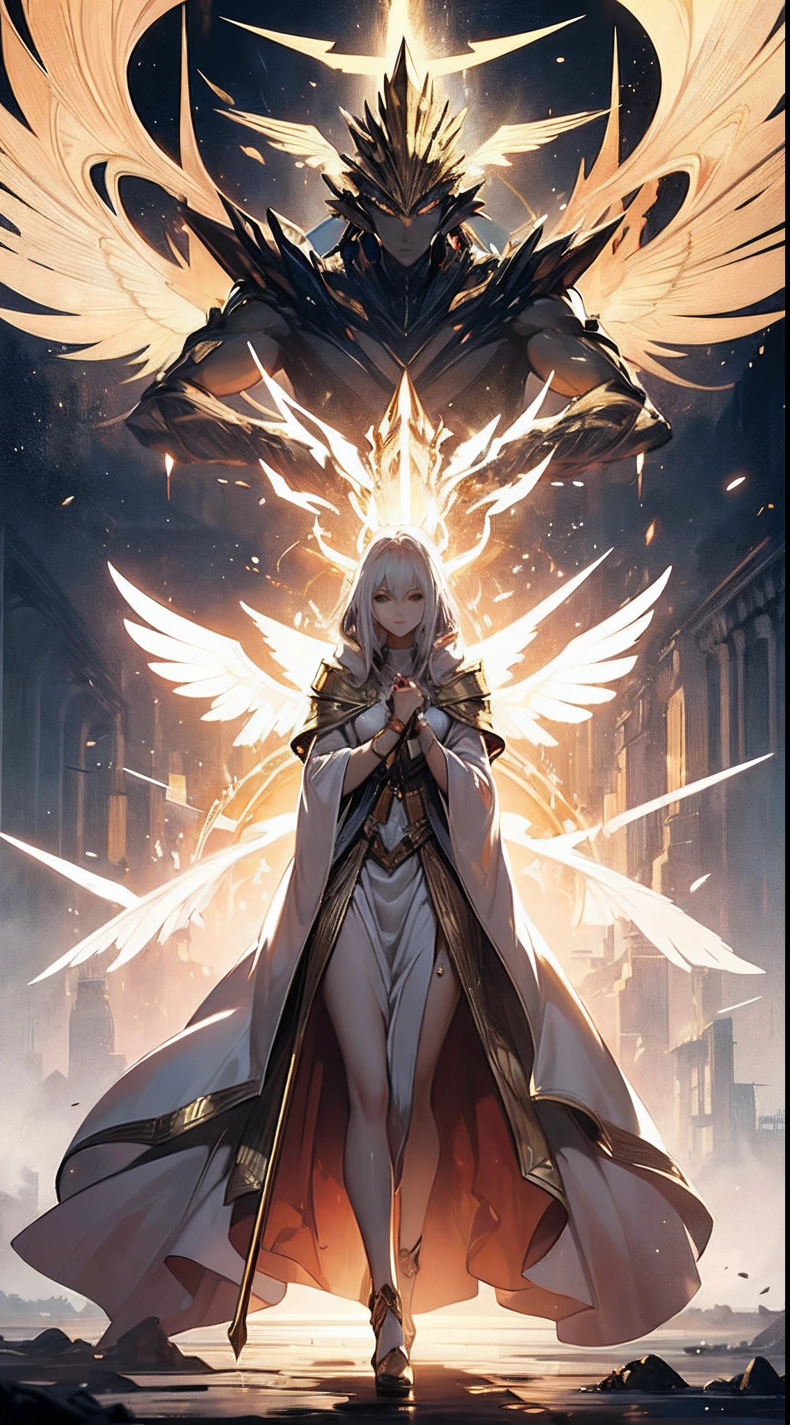 ((high quality)), ((masterpiece)), ((correct dissection)), ((full body character design)), ((female)), light, white robe, holding a gorgeous gold scepter, gold element, representing glory, wealth and power, imposing and demeanor, calm and atmospheric, people can't help but feel awe