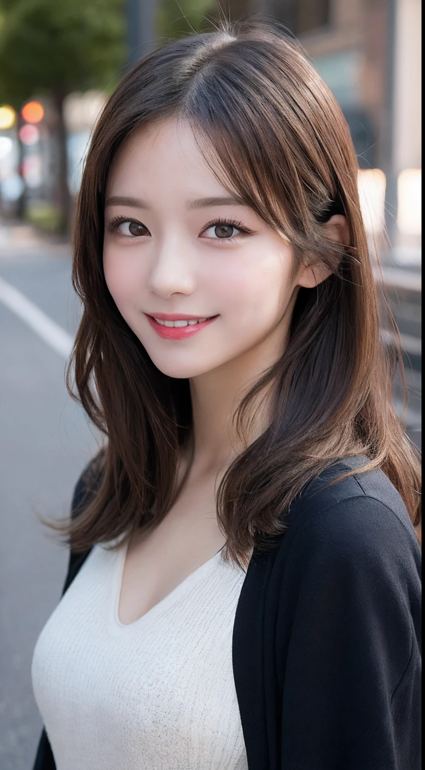 masutepiece, Best quality, illustration, Ultra-detailed, finedetail, A high resolution, 8K wallpaper, Perfect dynamic composition, Beautiful detailed eyes, doress,Medium hair, Mid-chest, Natural color lips, Random and sexy pose,Smile,Aoyama Street Walkway、20 years girl