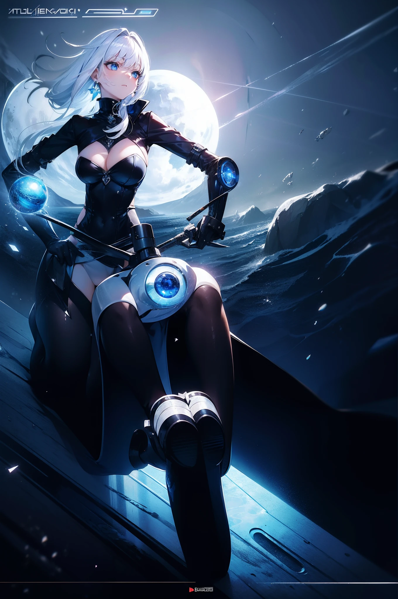 (masterpiece:1.5), (bestquality), highlydetailed, ultra-detailed, 1girl, bishoujo, intensegaze, sharpredeyes, stunningdetailedeyes, longwavyhair, snowwhitehair, glistening silver_hair, wingedbangs, adorableahoge, eleganthairrings, intricatelybraidedhair, chillyvibe, stylishgloves, sleekgroundvehicle, mesmerizinghorizon, sleekmotorvehicle, sparklingocean, iconicpokeball, captivatingloneliness, aquaticelements, subtlewatermark, discreetwebaddress