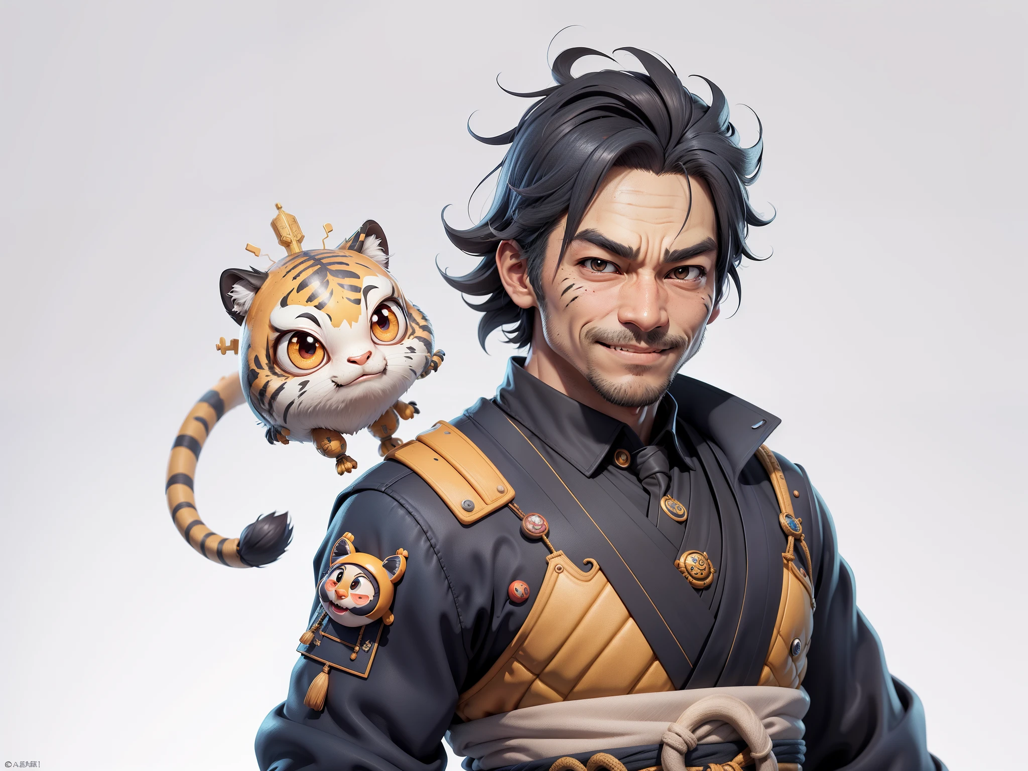 (Daisaku),(Need),(Super meticulous),(full bodyesbian:1.2),Super young man with Japanese geisha,Beautiful,orient,one tiger,Aeolian Thor,Raised sexy,爆乳,Oriental face,TV Anchor,Bust portrait illustration,In black suit,a blue tie,The face is slightly chubby,The face was clean,without a beard,Black super short hair,Black eyes,Smile confidently,3C computer sub-products,iPad, iphone,Digital painting,3D character design by Mark Clairen and Pixar and Hayao Miyazaki and Akira Toriyama,The illustration is a high-definition illustration in 4K resolution,With very detailed facial features and cartoon-style visuals。