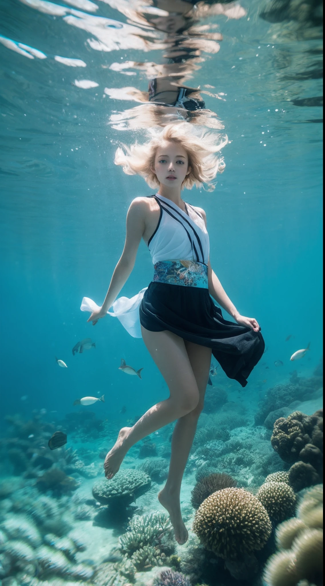 Best quality,tmasterpiece,Partial underwater photography,Reflectors,Blonde 1.3 ,Messy hair floating,slimfigure,Hanfu,long leges