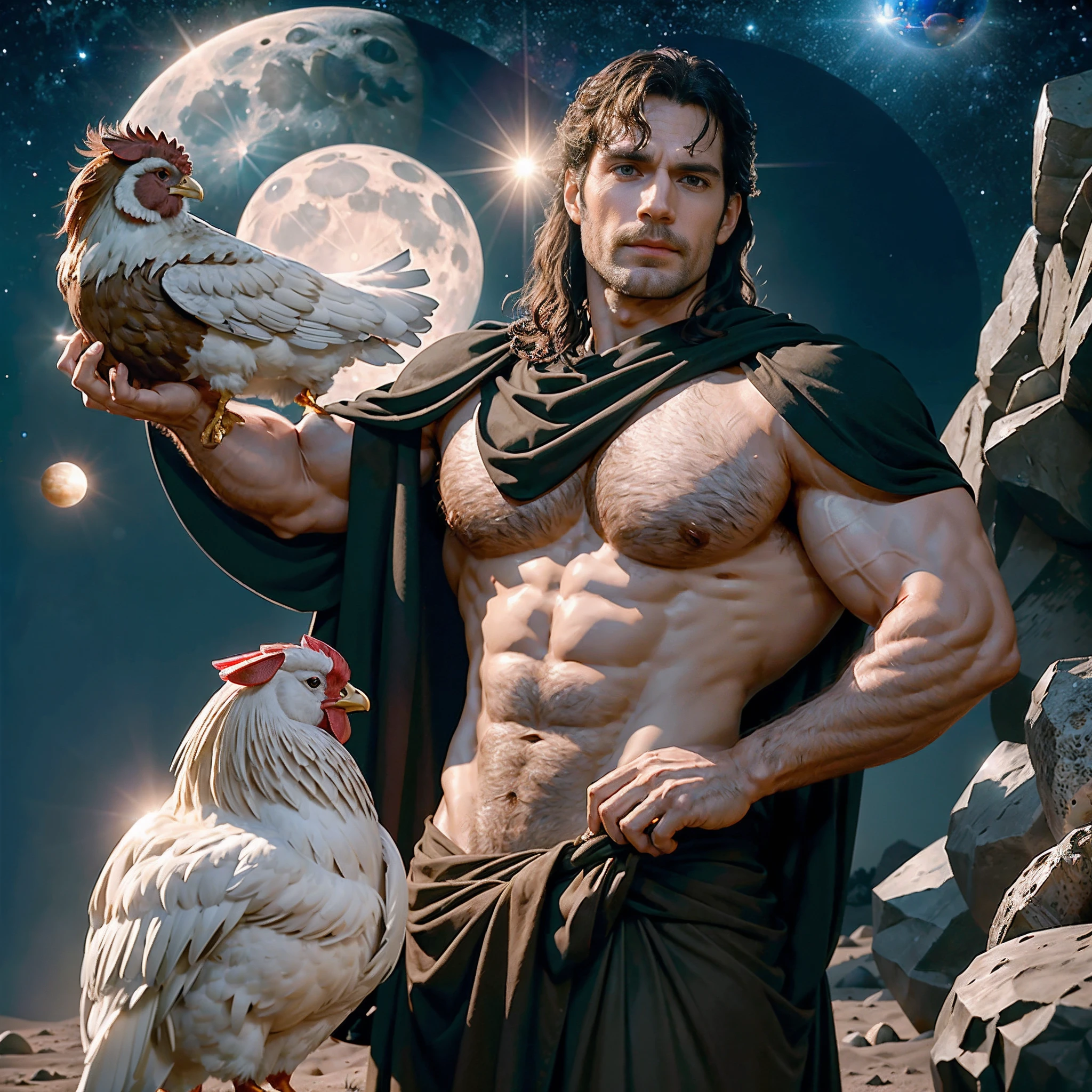 Photograph of a HENRYCAVILL PERSON as Jesus Christ holding a rooster on the moon, muscular, warm atmosphere, Captured by Panavision Panaflex Platinum Camera with Panavision Primo Primes Spherical Lens 50mm T1.9