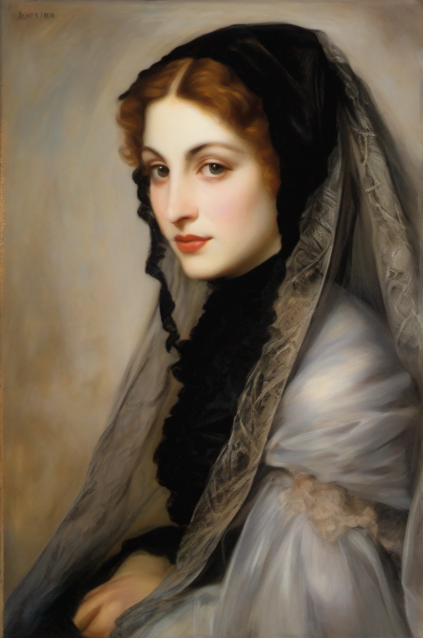 a painting of a woman in a black dress with a white veil, inspired by Francisco de Burgos Mantilla, portrait of morana, by Renoir, a young woman, painting of a woman, by Francisco Oller, maria fortuny, portrait of a european woman, young woman, portrait of the actress, portrait of a young women