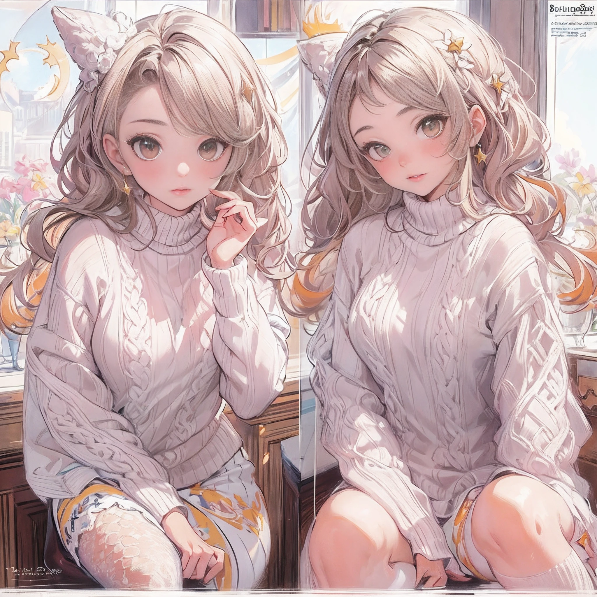 ((Masterpiece, Highest quality)), Detailed face, CharacterDesignSheet，full bodyesbian, Full of details, Multiple poses and expressions, Highly detailed, Depth, beuaty girl，Sweaters，Lace，lacepantyhose, High Balance, suns，themoon，As estrelas，Natural light