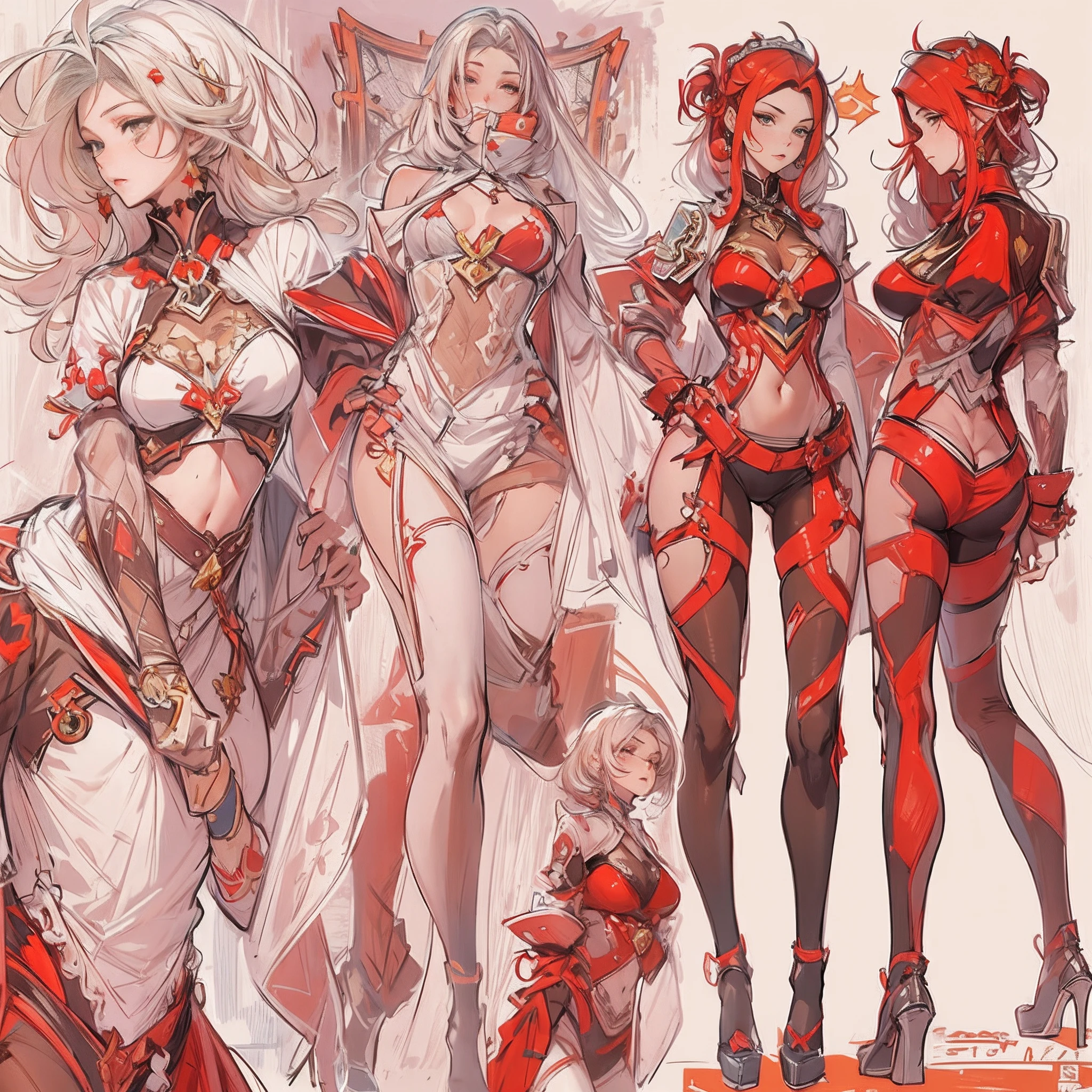 ((Masterpiece, Highest quality)), Detailed face, CharacterDesignSheet，full bodyesbian, Full of details, Multiple poses and expressions, Highly detailed, Depth, Beautiful paladin girl，Lace，lacepantyhose, High Balance, suns，Natural light，red colour