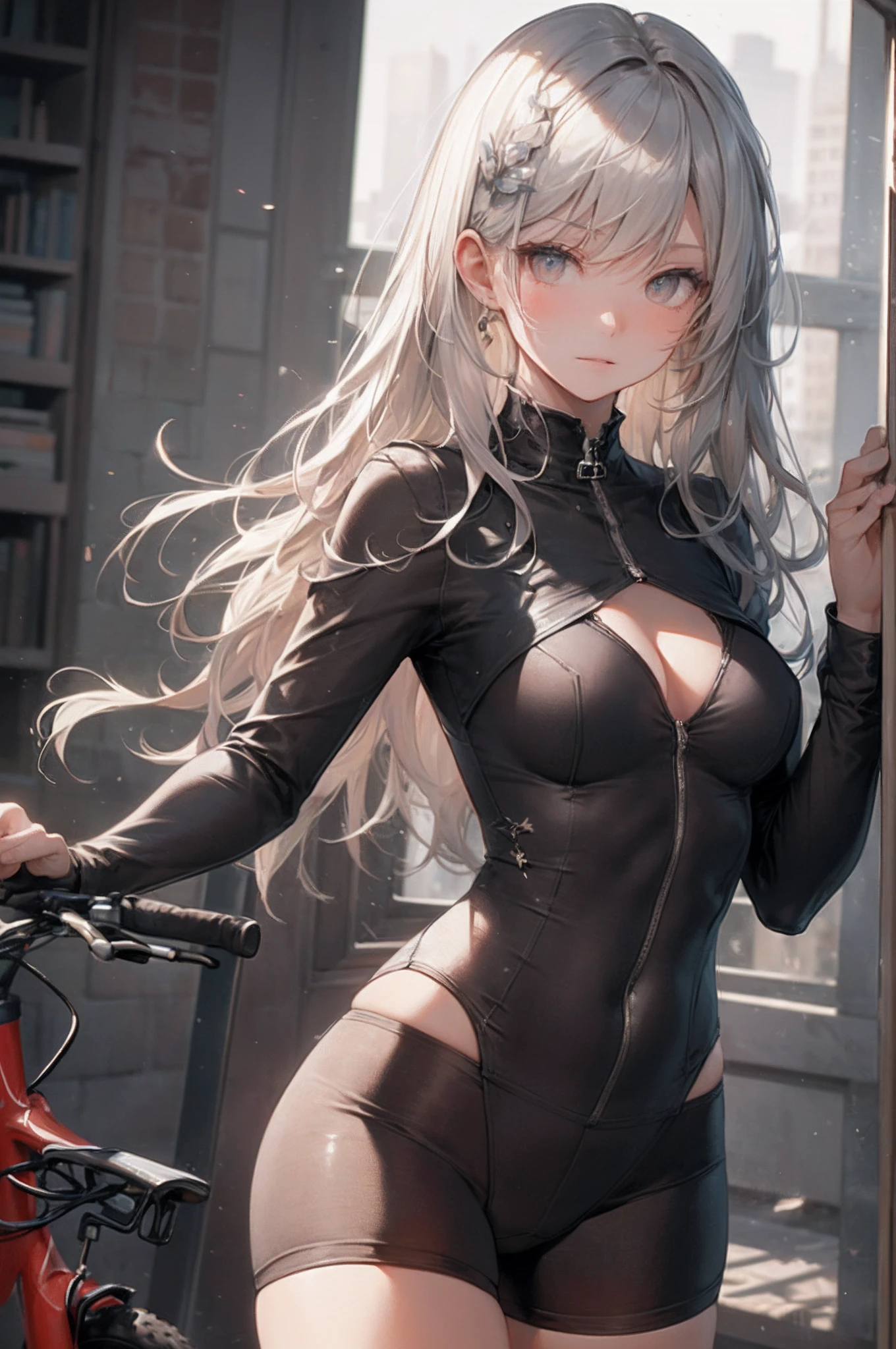 (masterpiece), best quality, high resolution, highly detailed, detailed background, perfect lighting, 1girl, widow's peak, silver eyes, medium breasts, mandarin collar shirt,bike shorts, university