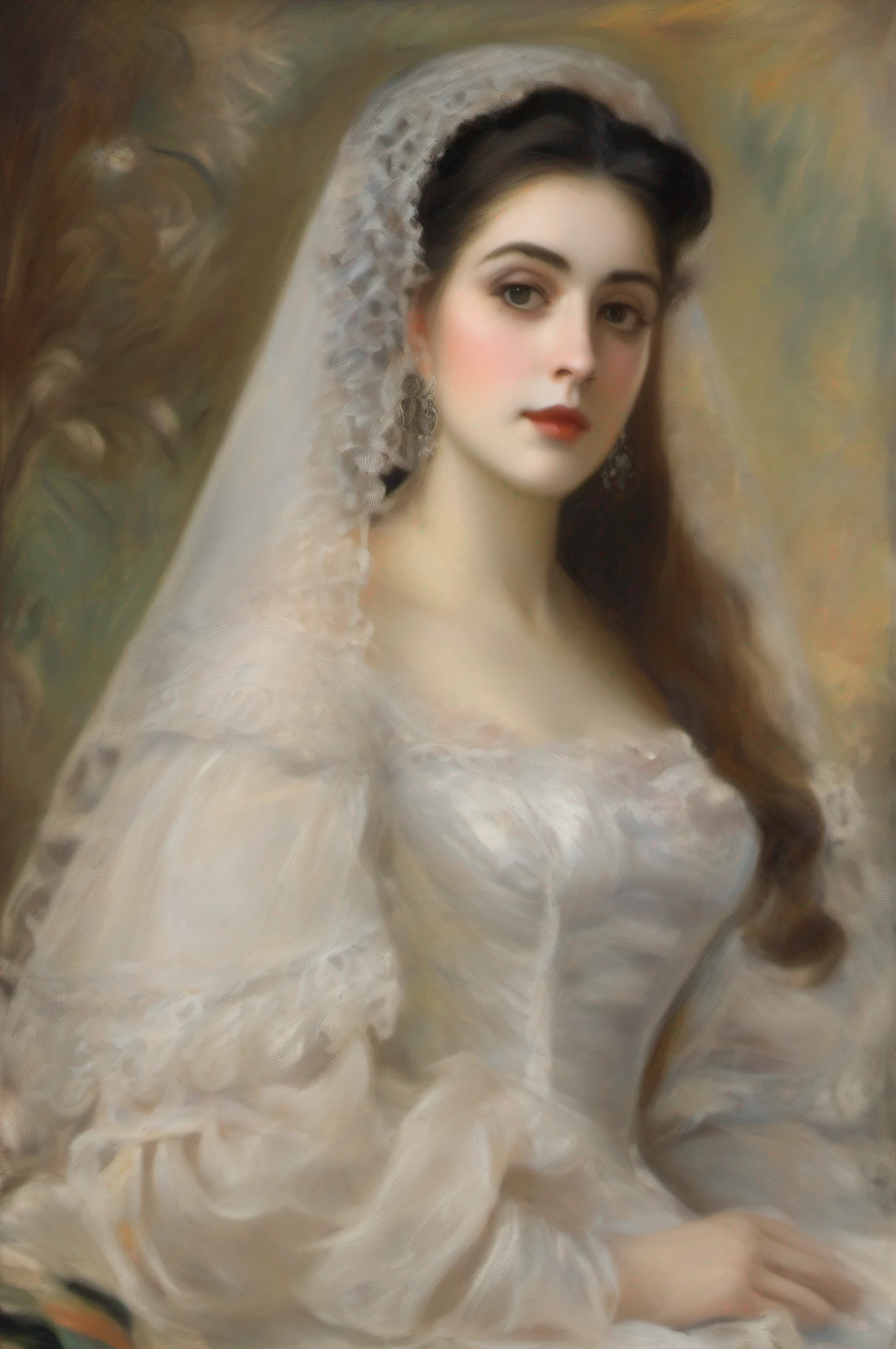 a painting of a woman in a black dress with a white veil, inspired by Francisco de Burgos Mantilla, portrait of morana, by Renoir, a young woman, painting of a woman, by Francisco Oller, maria fortuny, portrait of a european woman, young woman, portrait of the actress, portrait of a young women