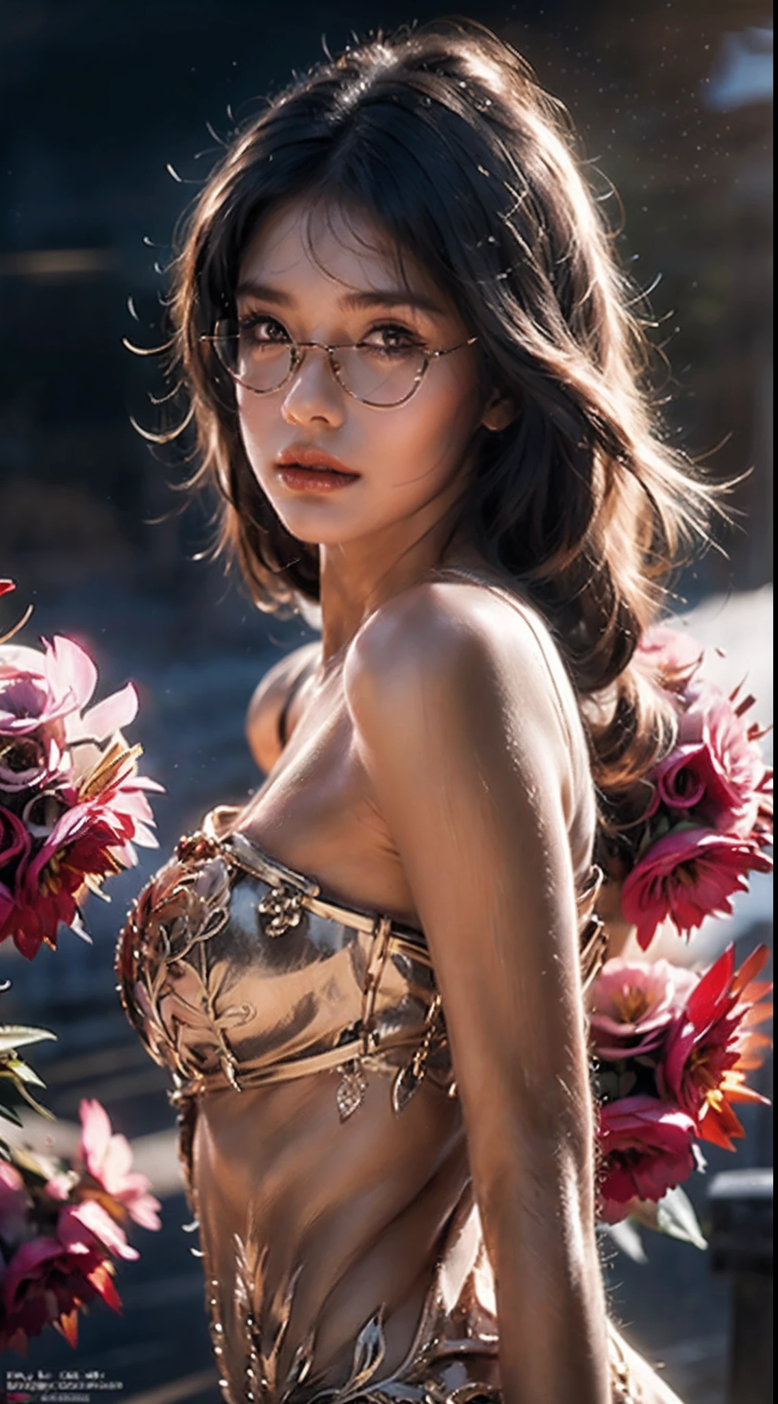 (Blonde 1。3 Lots of hair1。3 Delicate hair 1。2),(Big red eyes+gold-wire glasses:1.2+Intellectual beauty:1.1),"Crystal face lines sparkle on the forehead",femele,delicate depiction of skin,The gold-tone metal dragon headdress pattern is clear,Red apple in hand,Bronzed complexion, red flower patterned, It is clearly depicted。