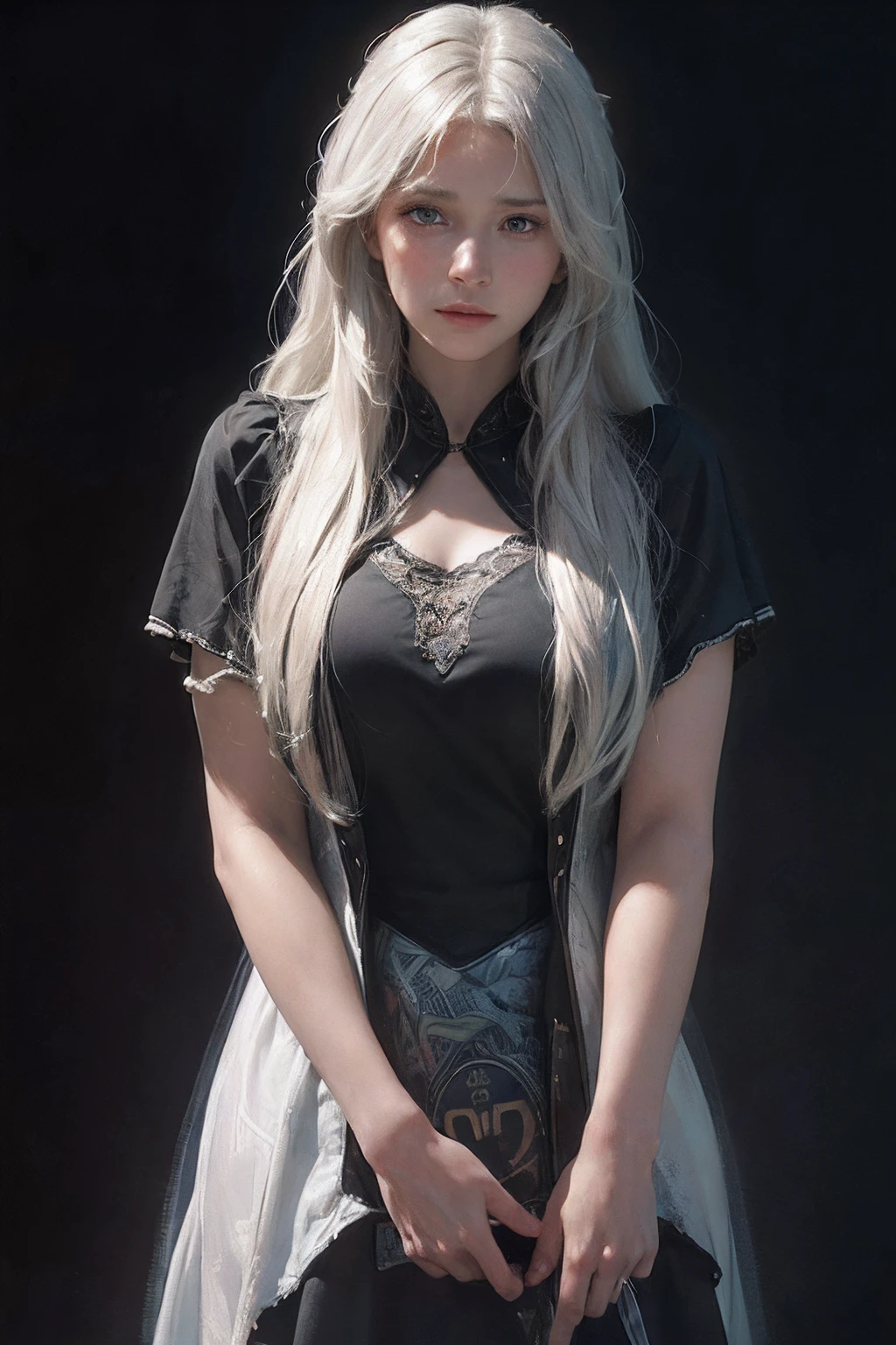 (front focus),(in the dark:1.6), Hyperrealist portrait of female by david hockney and alphonse mucha,fantasy art, photo realistic, dynamic lighting, artstation, poster, volumetric lighting, very detailed faces, 4 k, award winning,, 1girl, in the dark, deep shadow, low key,cowboy shot,(official clothing:1.4) ,long hair,white hair,