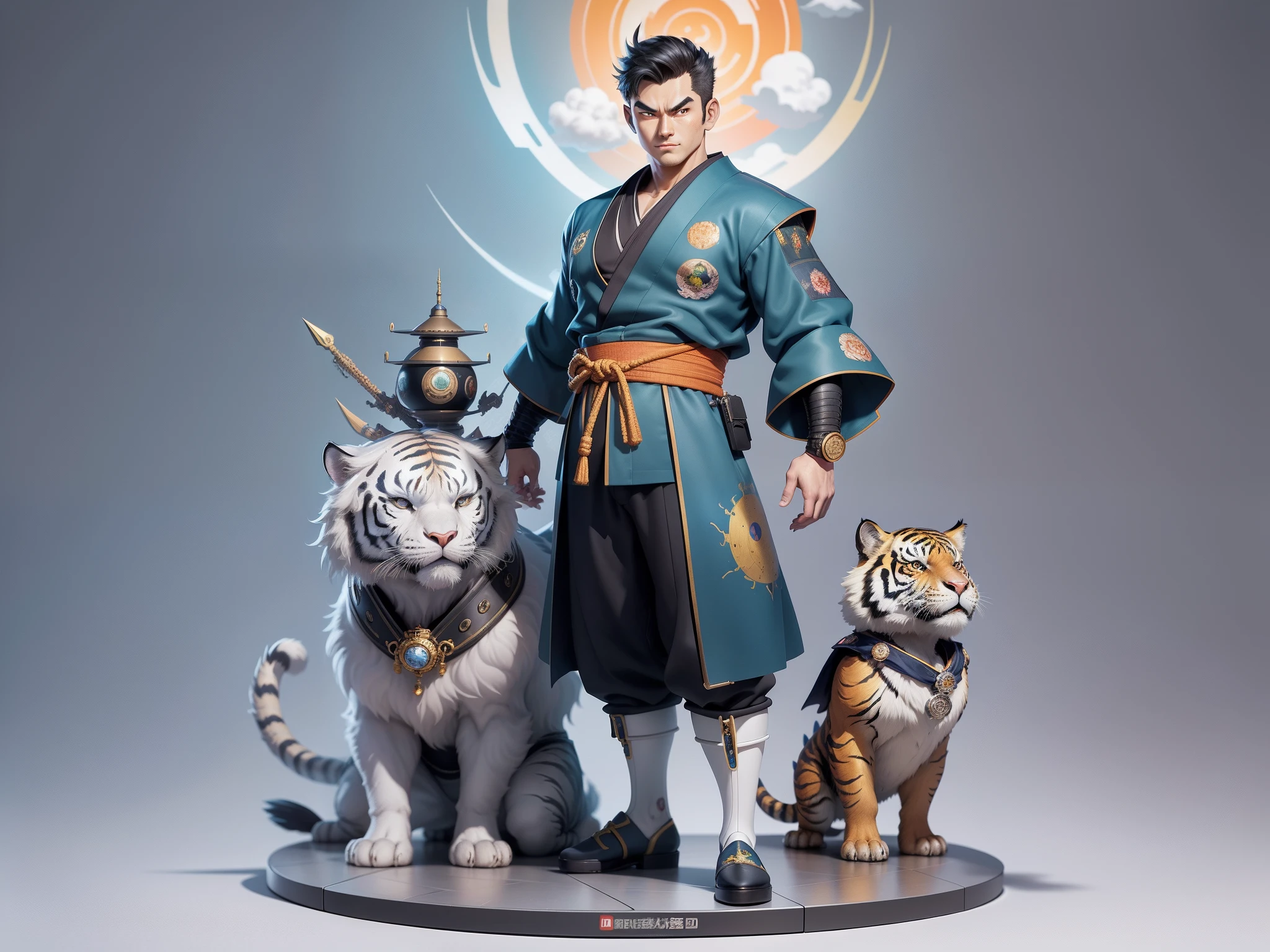 (Masterpiece), (Excellent), (Super Meticulous), (Full Body: 1.2), Super Young Man, Oriental Face, Japanese Kimono, Japanese Wind Thunder God, Dragon, Tiger, TV Anchor, Bust Portrait Illustration, Alone, Black Suit, Blue Tie, Slightly Chubby Face, Very Clean Face, No Beard, Black Super Short Hair, Black Eyes, Confident Smile, 3c Computer Sub-Products, iPad, iPhone, Digital Painting, 3D Character Design by Akira Toriyama and Mark Claireden and Pixar and Hayao Miyazaki, The illustration is a high-definition illustration in 4K resolution with very detailed facial features and cartoon-style visuals.