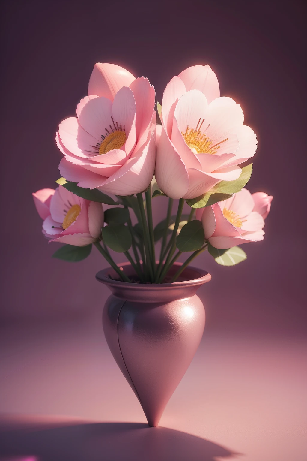 Heart-shaped flowers、C4D,oc rendered,Metallic texture, Emissive material, Pink is the main color,white minimalistic background