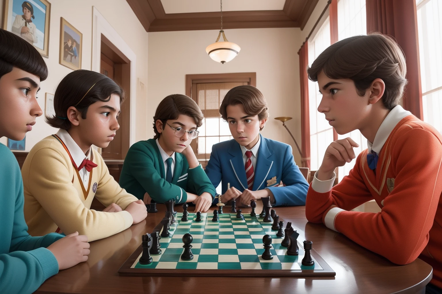 In a Wes Anderson-style boarding school, a group of tens and teenagers engages in a heated game of chess, their faces reflecting intense concentration and a touch of rivalry.