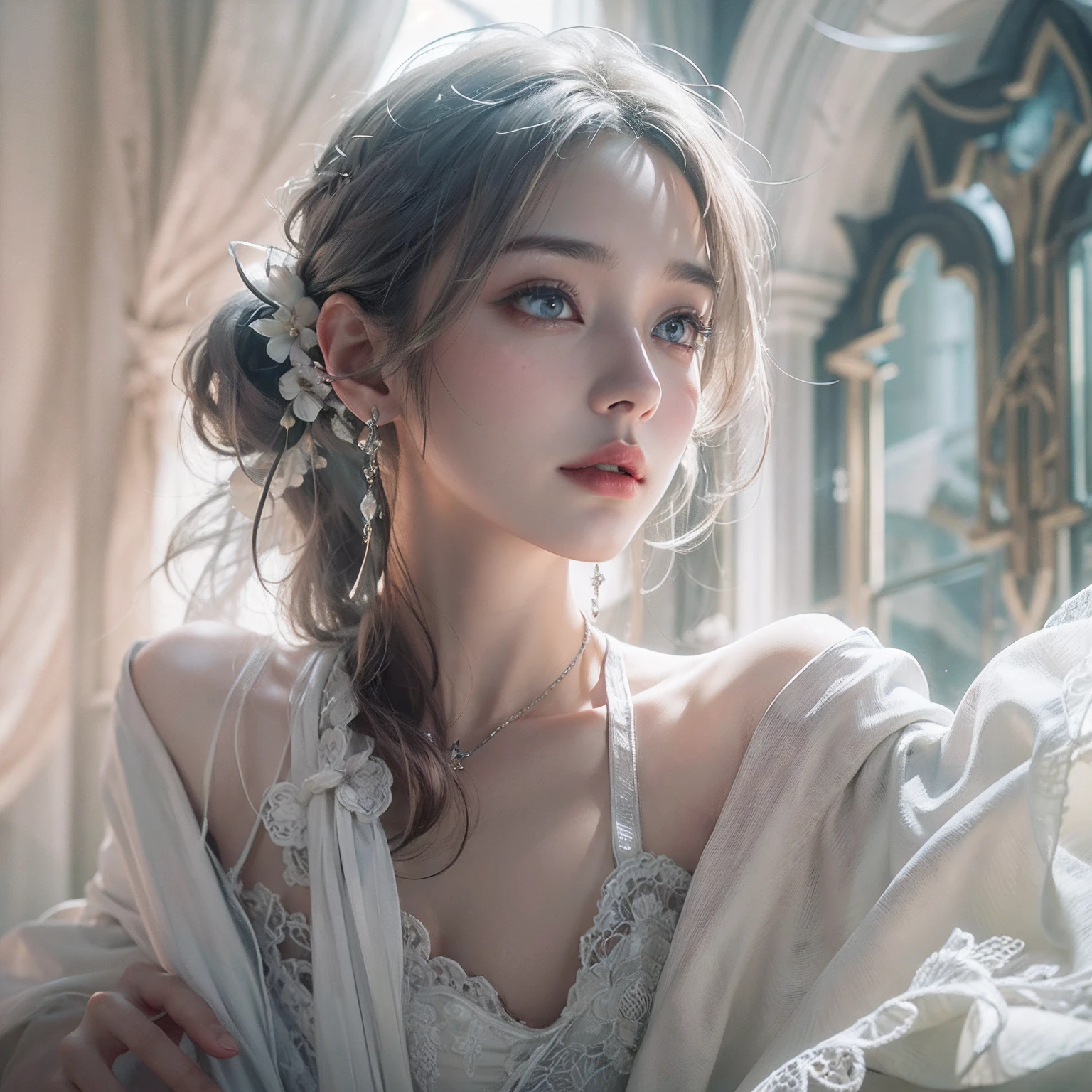 white scrunchie，Cinematic CG level light，league of legend/Ruiwen，grey dress，silver accessories，a picture，long eyelasher，cropped shoulders，8K，Hold a broken sword in your hand，poster for，The light from the back window is backlighted，The focus blur wrapped softly around her，edge detection，Clear expression of every detail，High-key contrast，Tonal effects，Fantasyart，photographrealistic，