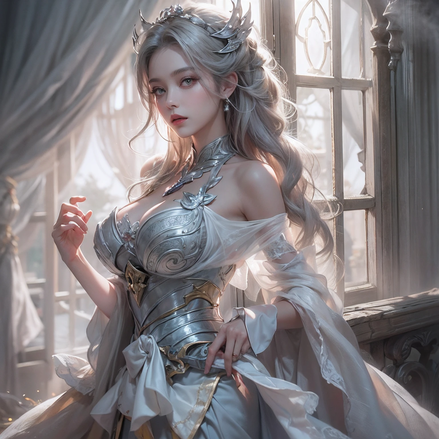 white scrunchie，Cinematic CG level light，league of legend/Ruiwen，grey dress，silver accessories，a picture，long eyelasher，cropped shoulders，8K，Hold a broken sword in your hand，poster for，The light from the back window is backlighted，The focus blur wrapped softly around her，edge detection，Clear expression of every detail，High-key contrast，Tonal effects，Fantasyart，photographrealistic，