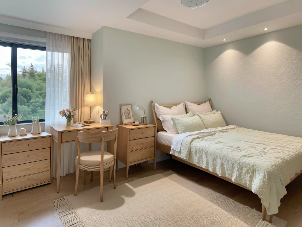 In this fantastic bedroom,It's like being in a fairytale world。The space is decorated with delicate finishing touches,A warm glow shines through the walls,Like stars shining in the starry sky。Lie down in bed,The soft fleece blanket at the head of the bed makes it even more comfortable,The pillows are made of the finest sponge material,Perfectly conforms to the curve of the neck,Let you sleep peacefully in its arms。The curtains next to the bed are made of delicate lace,Every ray of sunlight jumps on it,Form a beautiful pattern。In the corner of the bedroom is a beautiful writing desk,The cloudy textured wood gives off a faint aroma,Several quaint literary works were scattered on the desk,Enticing to stop and read。Day or night,This bedroom has a romantic and mysterious atmosphere,It's like a secluded private space,Immerse yourself in dreams,Refreshing。