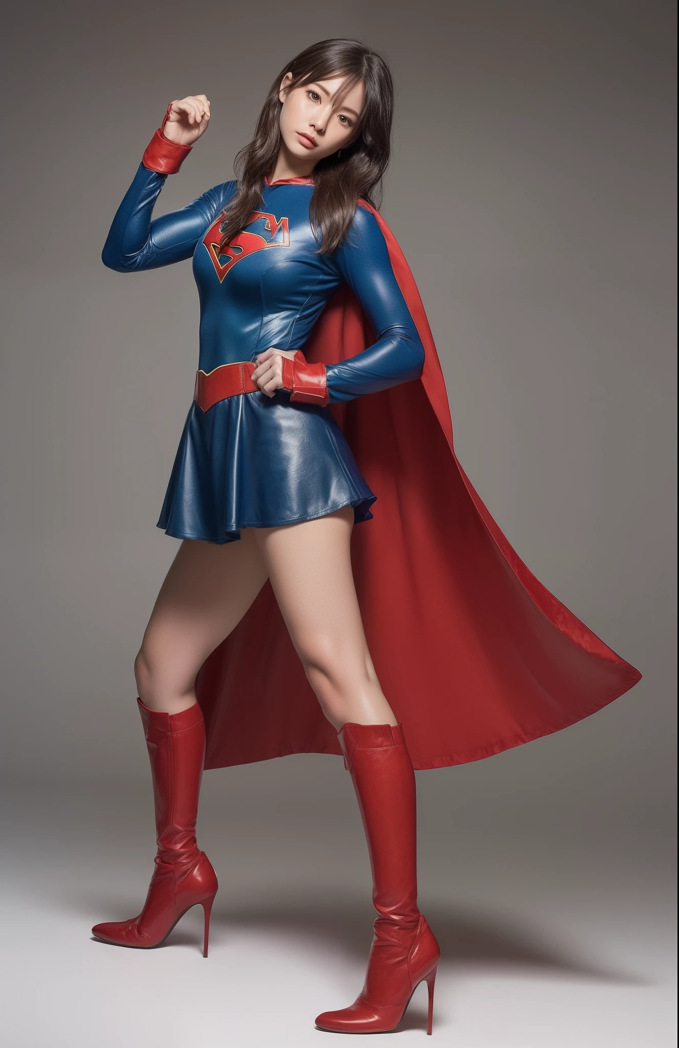 (((Make the most of the original image)))、(((Supergirl Costume)))、(((lustrous dark hair)))、(((Suffering)))、(((Feet must necessarily be worn with black tights)))、(((You need to wear red boots)))、((Top image quality、8K))、((top-quality、8K、masterpiece:1.3))、Crisp focus:1.2、Beautiful woman with perfect body shape:1.4、Slender Abs:1.2、((layers-Cut、large boob:1.2))、a wet body:1.5、Highly detailed facial and skin texture、