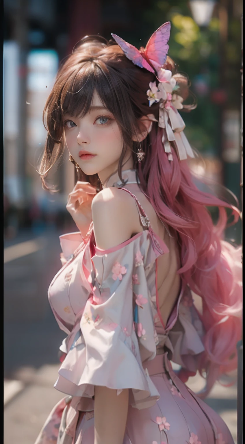 ((best qualtiy)), ((tmasterpiece)), (detail:1.4), Beautiful cyberpunk female images,hdr(HighDynamicRange),Ray traching,NVIDIA RTX,Hyper-Resolution,illusory 5,sub surface scattering,PBR textures,post-proces,Anisotropy Filtering,depth of fields,maximum definition and sharpness,Many-Layer Textures,Albedo e mapas Speculares,Surface coloring,Mitsu-Accurate simulation of material interactions,perfectly proportioned,rendering by octane,Two-colored light,largeaperture,Low ISO,White balance,Rule three points、8K raw data、Beautiful bright blue pupils,off-the-shoulder clothes,Fine pupils,Delicate face and eyes,long eyelasher,Blushlush,Delicate and fluffy hair,pink lip,Pure,Cute face,Sweet girl,Artistic sense,Casual wear,Advancedsense,butterflys,Cherry blossom petal,Beautiful hair accessories,Long hair and waist,Hair fluttering in the wind,Snow-white fox ears,curlies,Snow-white fluffy tail,Positive light,The light from the back window is backlighted