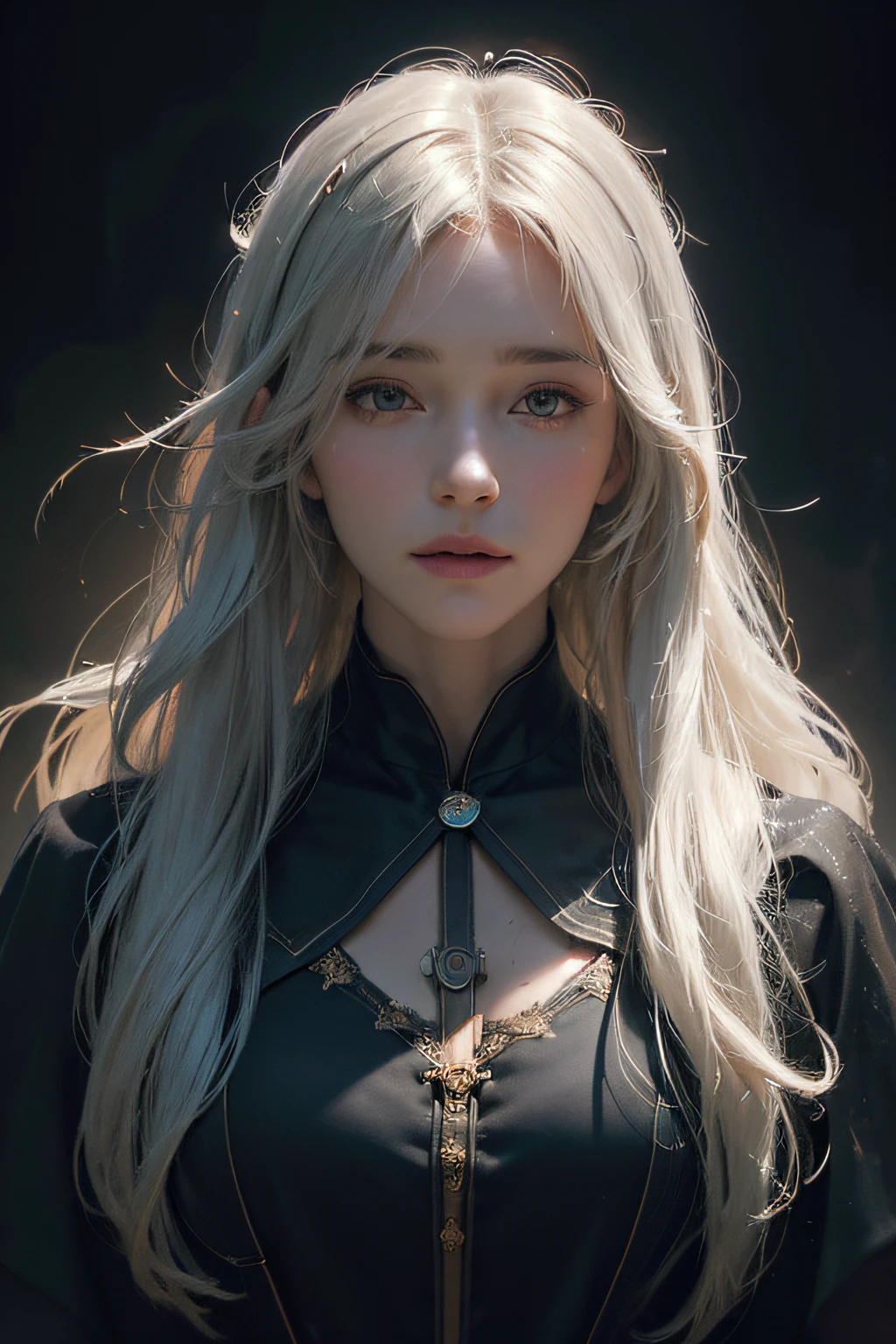 (front focus), (in the dark:1.6), Hyperrealist portrait of female by david hockney and alphonse mucha, fantasy art, photo realistic, dynamic lighting, artstation, poster, volumetric lighting, very detailed faces, 4 k, award winning, 1girl, in the dark, deep shadow, low key, cowboy shot, (official clothing:1.4), long hair, white hair