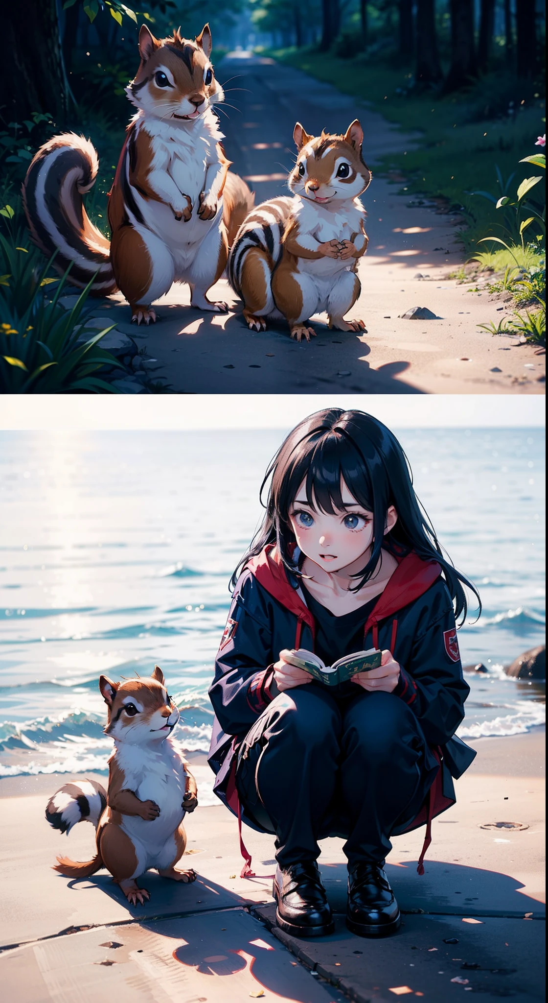 Three friends Lily,Ben and Max see a magical creature—a talking squirrel,His name is Sparkle。!