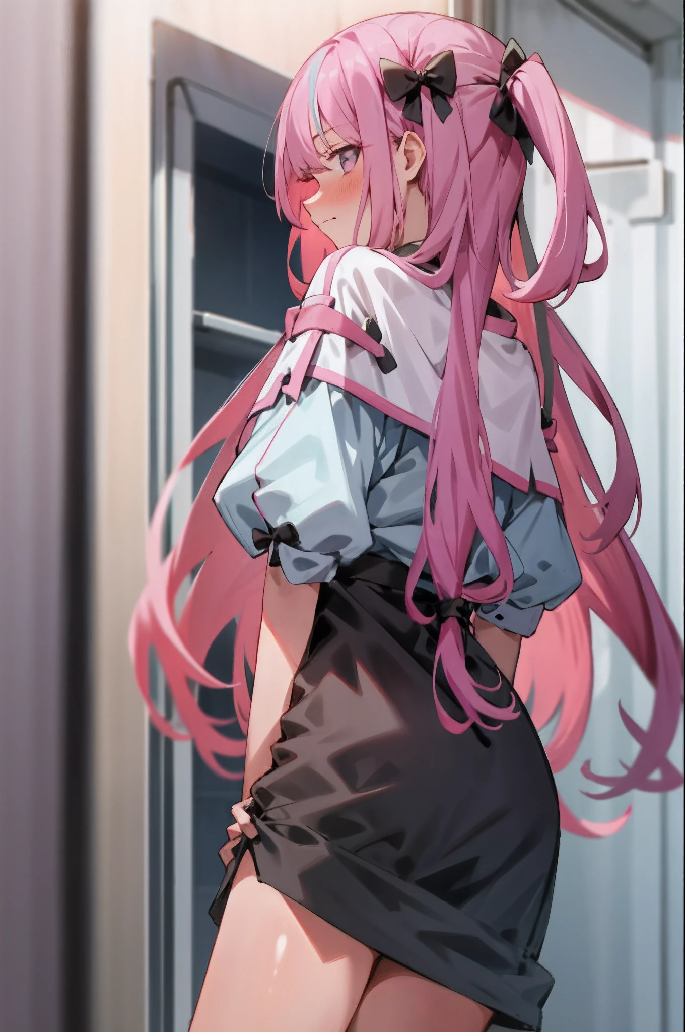 1girl with long hair and dress, 1 girl is taking to lavatory, looking away, standing, embarrassed, blush, Keep one's mouth shut, street (girl is peeing self:0.4)