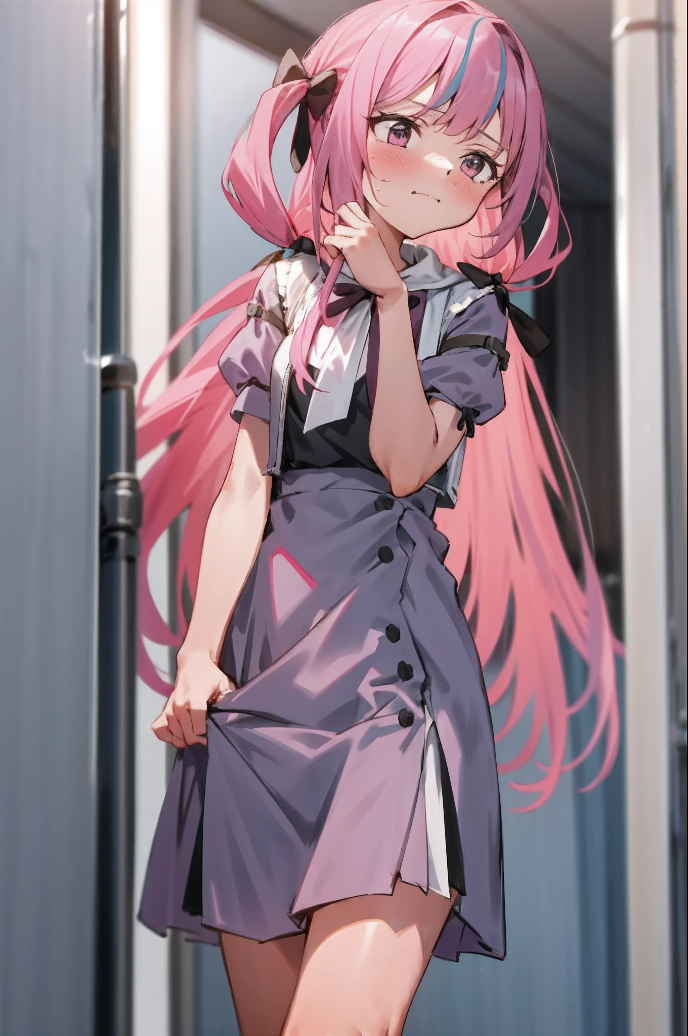 1girl with long hair and dress, 1 girl is taking to lavatory, looking away, standing, embarrassed, blush, Keep one's mouth shut, street (girl is peeing self:0.4)