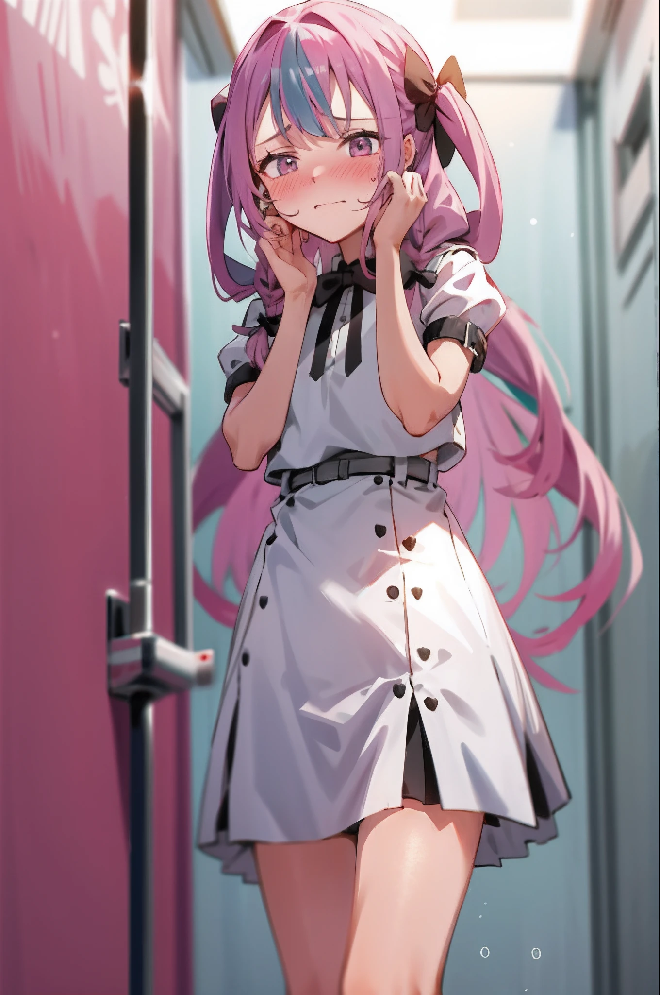 1girl with long hair and dress, 1 girl is taking to lavatory, looking away, standing, embarrassed, blush, Keep one's mouth shut, street (girl is peeing self:0.4)