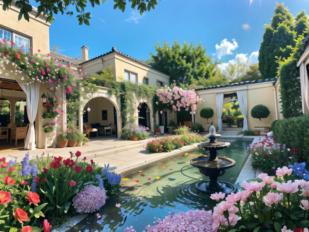 Step into this mysterious courtyard，It's like entering a wonderland on earth。The courtyard is surrounded by a sea of colorful rainbow flowers，The flowers exude a rich fragrance，The colored light shimmers captivatingly in the sunlight，Make people feel an unparalleled visual feast。In the center of the courtyard is a uniquely shaped fountain，Jets of water gush out from the top of the fountain，Converge into a curtain of water，Water droplets shine in the sunlight with colorful light，It seems to be a fairy descending to the mortal world in a fairyland。The edge of the courtyard is lined with fruit trees，The fruit is crystal clear，Mouthwatering。The seats are comfortable and elegant，Let people sit back and enjoy peace and relaxation。In this courtyard，You can feel the breath of nature，Get up close and personal with flowers and trees，Experience the joy and relaxation of a livable and luxurious environment。