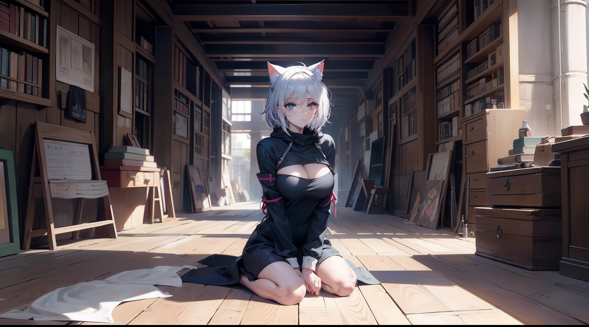 {{{{ masterpiece }}}},{{{{ 4K }}}},{{{{ badass anime 8 k }}}}, {{{{{{{{ short hair }}}}}}}}, {{{{{{{{ white hair }}}}}}}},  {{{{{{{{ big boobs }}}}}}}},cat hoodie,beautiful scenic background,girl sad