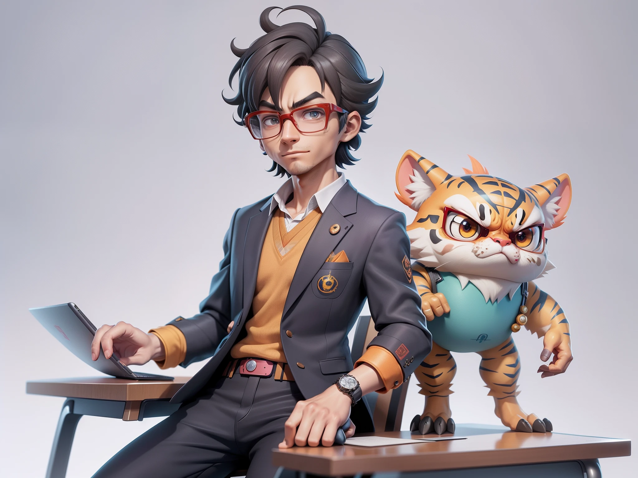 A young man in a suit, Short hair and glasses sat at his desk,holding laptop,digitial painting,tigre,3D character design by Mark Clairen and Pixar and Hayao Miyazaki and Akira Toriyama,4K HD illustration,Very detailed facial features and cartoon-style visuals。