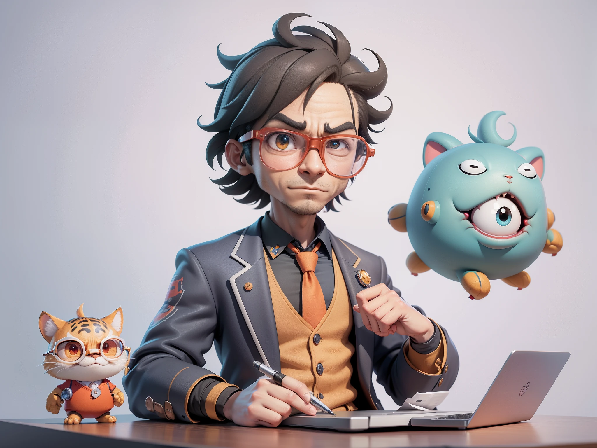 A young man in a suit, Short hair and glasses sat at his desk,holding laptop,digitial painting,tigre,3D character design by Mark Clairen and Pixar and Hayao Miyazaki and Akira Toriyama,4K HD illustration,Very detailed facial features and cartoon-style visuals。