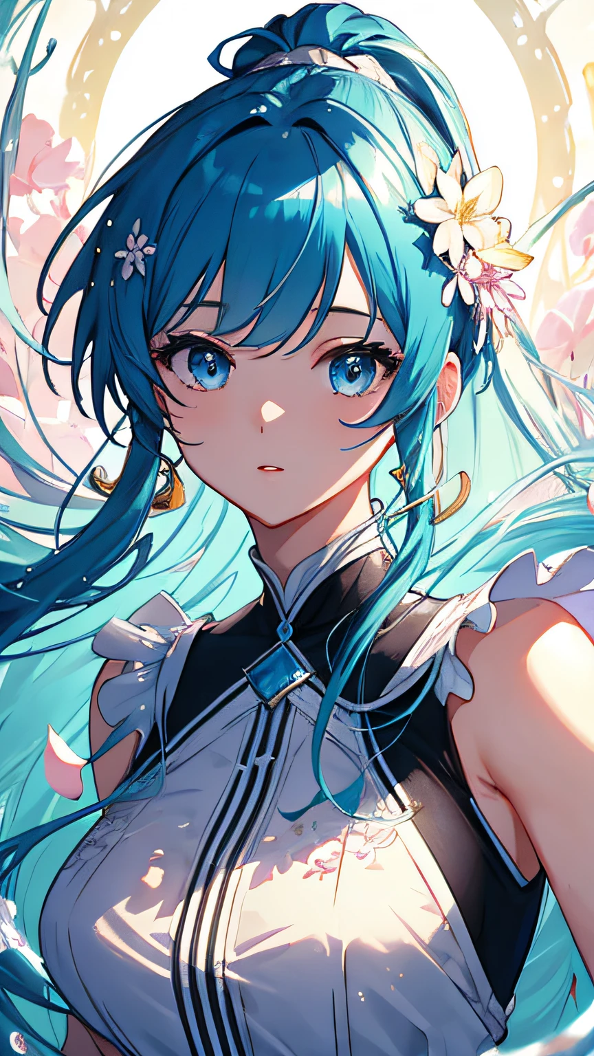 (masterpiece), (best quality), (ultra detailed),(disheveled hair),(illustration), (1girl), (Fashionable clothing), standing, Fashion model, looking at viewer, (interview), (simple background),beautiful detailed eyes, delicate beautiful face, Floating,(high saturation),(colorful splashes),colorful bubble,(shining), focus on face, ponytail, kamisato ayaka, light blue hair, bangs, hair ring, floating flowers, floating hairs, (shining), best lighting, best shadow,