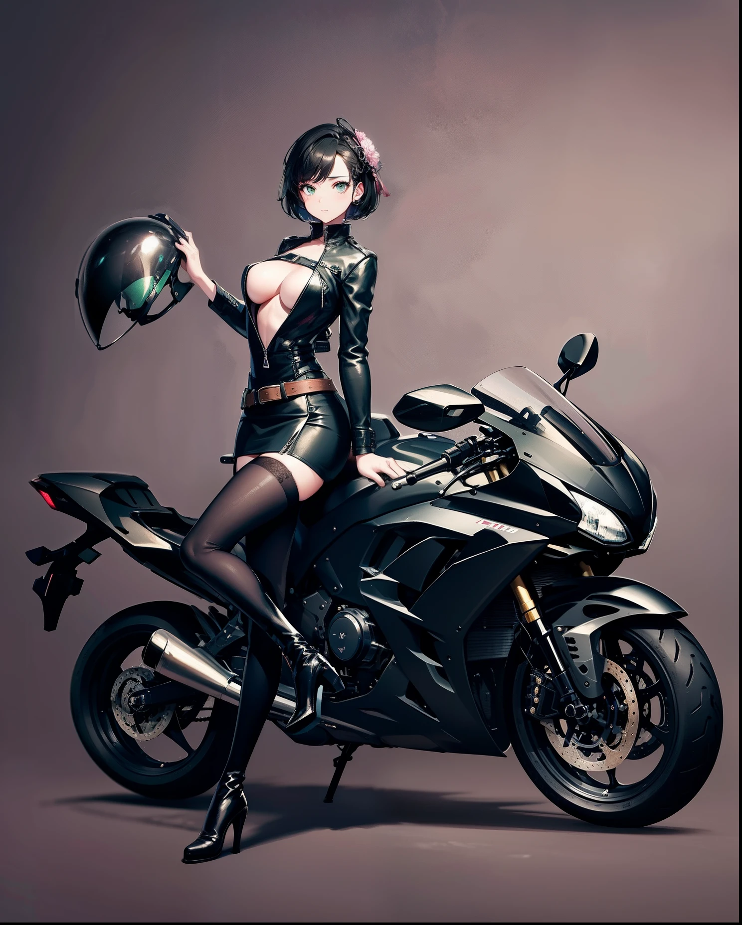 masterpiece,(bestquality),highlydetailed,ultra-detailed,black hair:1.5,biker clothes,green eyes:1.2,groundvehicle,onmotorcycle, motorcycle:1.2,riding,solo,vehiclefocus,car, motorcyclehelmet:1.5,helmetremoved,jacket,shirt,miniskirt,belt,wheel,breasts:1.2,mediumbreasts,cleavage,highheelboots,boots,highheels,holdinghelmet,hairremoved,short hair:1.2,headwearremoved, pinkbackground