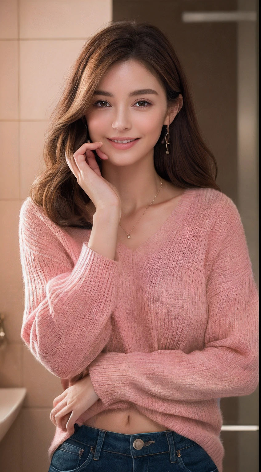 ((Night, Realistic Light, Best Quality, 8K, Masterpiece: 1.3)), 1girl, Slim Beauty: 1.4, Abs: 1.1, (Brown hair, Medium breasts: 1.3), Long pink sweater: 1.1, Bathroom, Super fine face, Delicate eyes, Double eyelids, smile, necklace