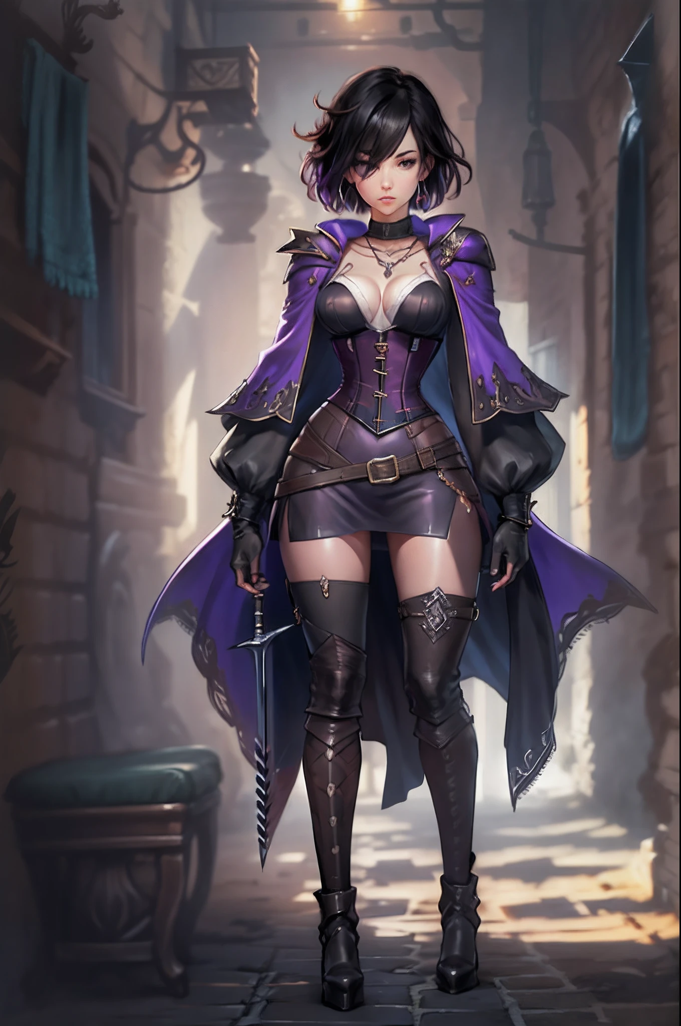 Game Art design, Octopath Traveler 2, 1girl, throne anguis, (solo:1.4), (from behind:1.4), 1girl, black hair, medium breasts, cleavage, plumb ass, thick thighs, thin waist, collarbone, corset, purple clothes, dagger, high heel boots, holding dagger, jewelry, knee boots, necklace, poncho short hair, side slit, dynamic pose, extremely detailed face and eyes, absurdes, beautiful shadow and lighting, ambient occlusion, shady back alley background