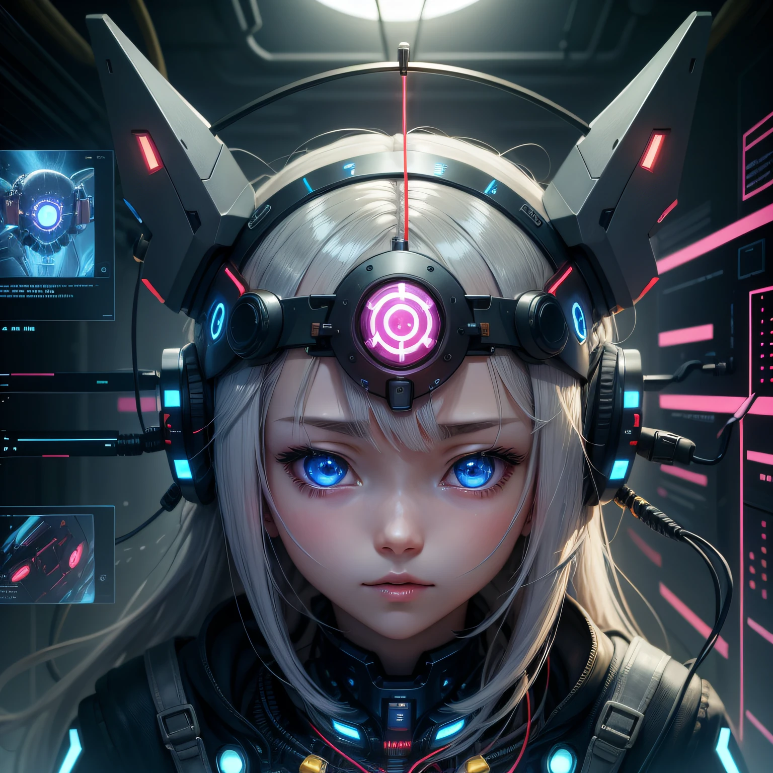 animesque、Brain-Machine Interface, headgear, Lots of wiring, Complicated wiring、cyberspace,