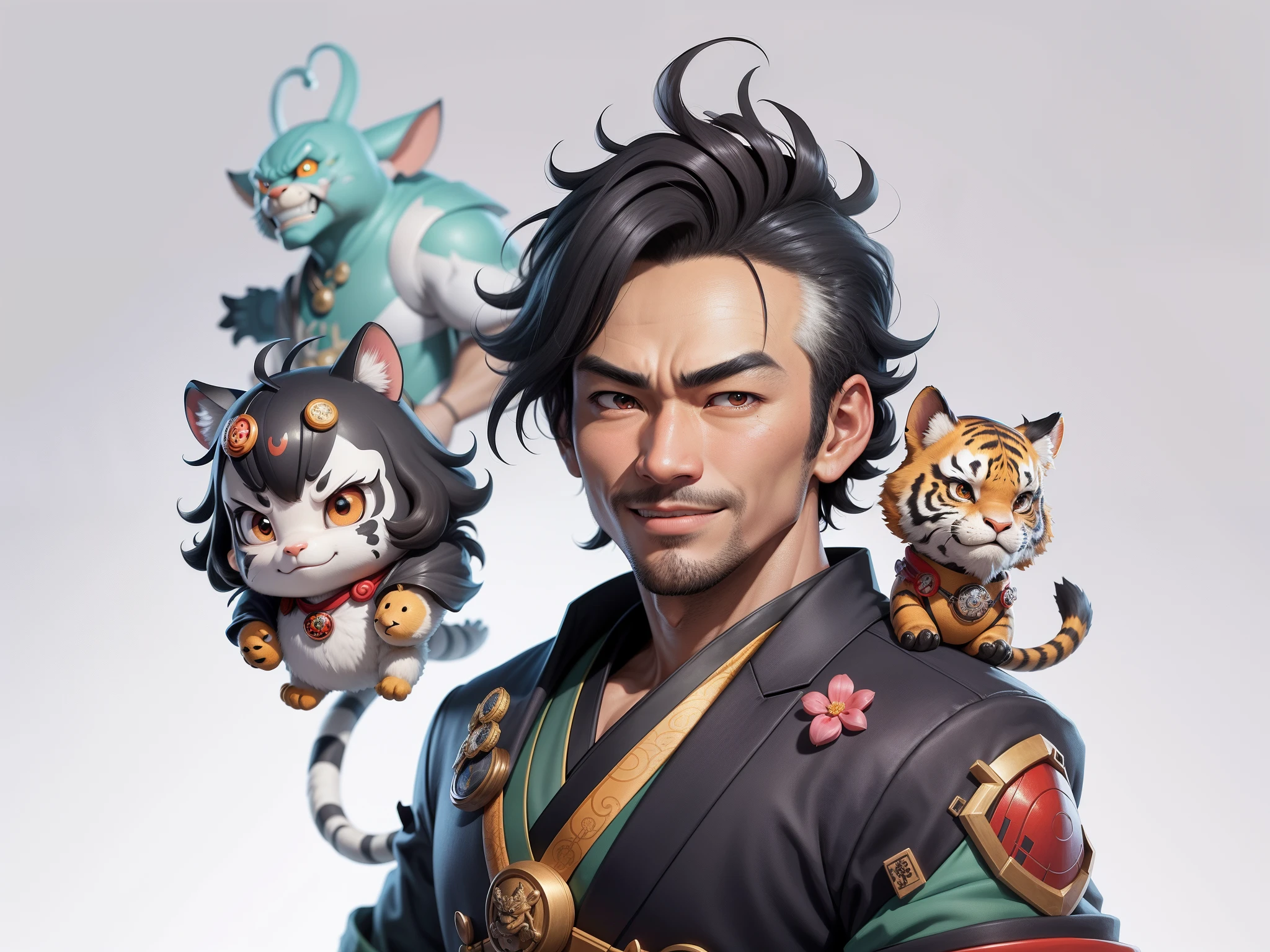 (Daisaku),(Need),(Super meticulous),(full bodyesbian:1.2),Super young man with Japanese geisha，Beautiful，orient，one tiger，Aeolian Thor，Raised sexy，爆乳，Oriental face，TV Anchor，Bust portrait illustration，In black suit，a blue tie，The face is slightly chubby，The face was clean，without a beard，Black super short hair，Black eyes，Smile confidently，3C computer sub-products，iPad， iphone，Digital painting，3D character design by Mark Clairen and Pixar and Hayao Miyazaki and Akira Toriyama，The illustration is a high-definition illustration in 4K resolution，With very detailed facial features and cartoon-style visuals。