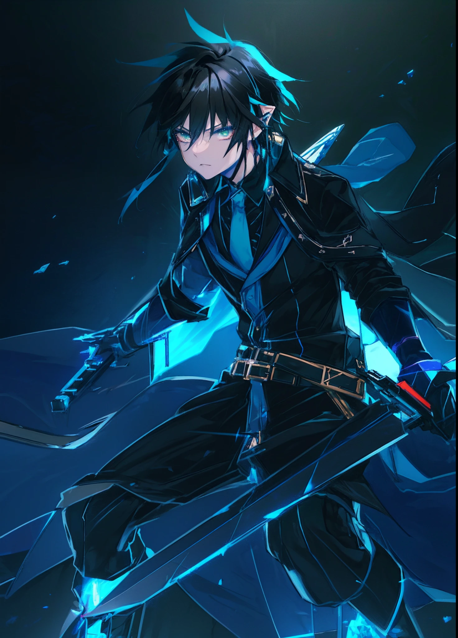 UHD, retina, masterpiece, solo, anime character with black hair and green eyes, pointed ears, calm, black gloves, black boots, ((blue coat)), fantasy, super detail, high details, high quality, award winning, best quality, highres, 1080P, HD, 4K, 8k, 16k