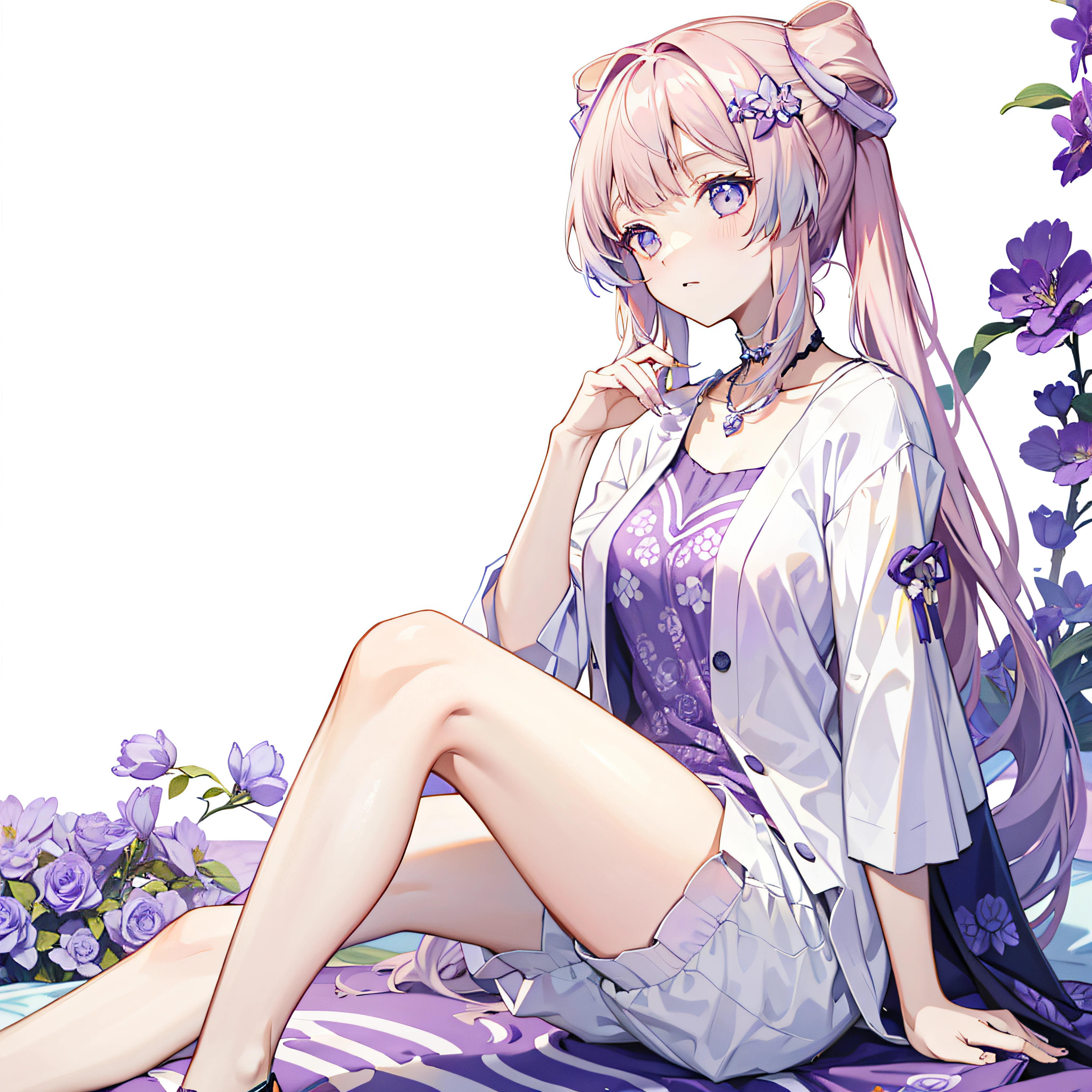purple flower pattern white background, sitting in the middle, casual outfit,