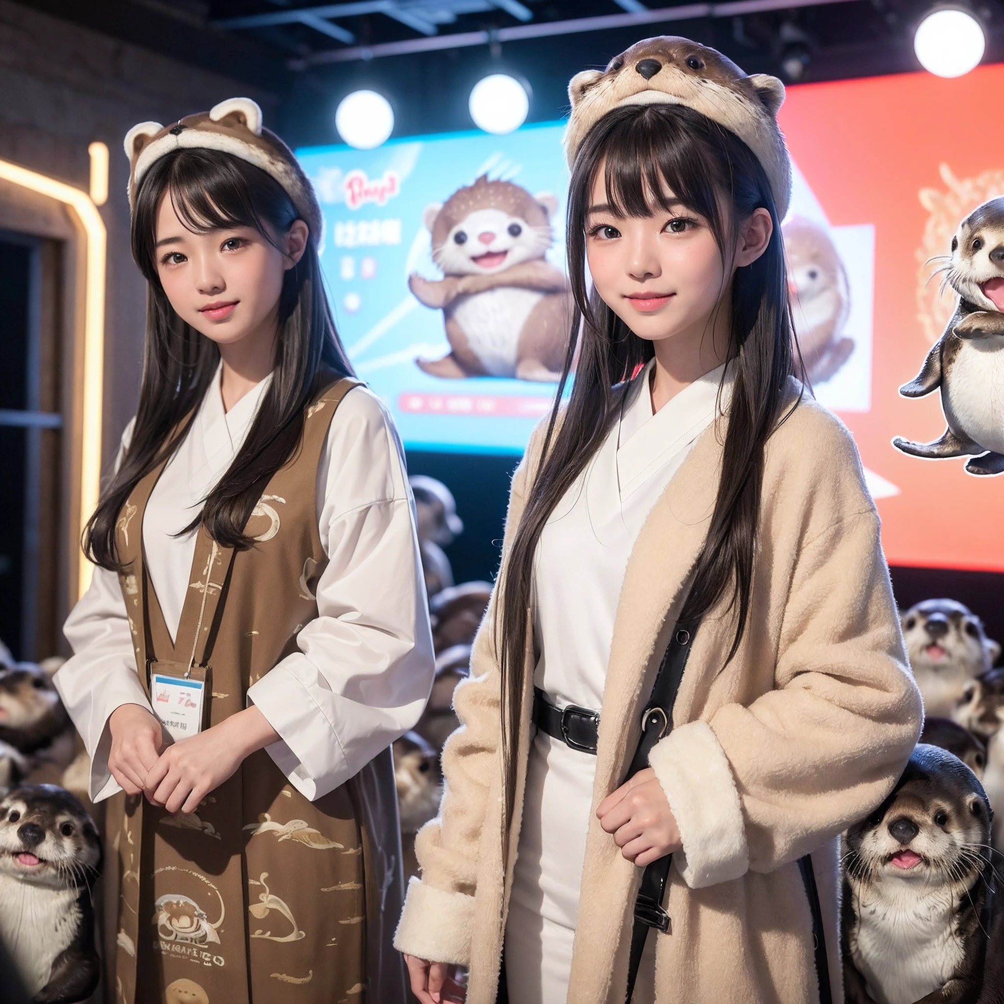 (8K、RAW Photos、top-quality、masterpiece:1.5)、(realisitic、Photorealsitic:1.5)、ultra-detailliert、超A high resolution、lighting like a movie、(((An idol who loves otters)))、(((Japan 16 year old girls)))、(((Wearing a cute costume with an otter motif)))、(A lot of otters:1.5)、cute smile face、Happy and energetic atmosphere、dynamic ungle、动态照明