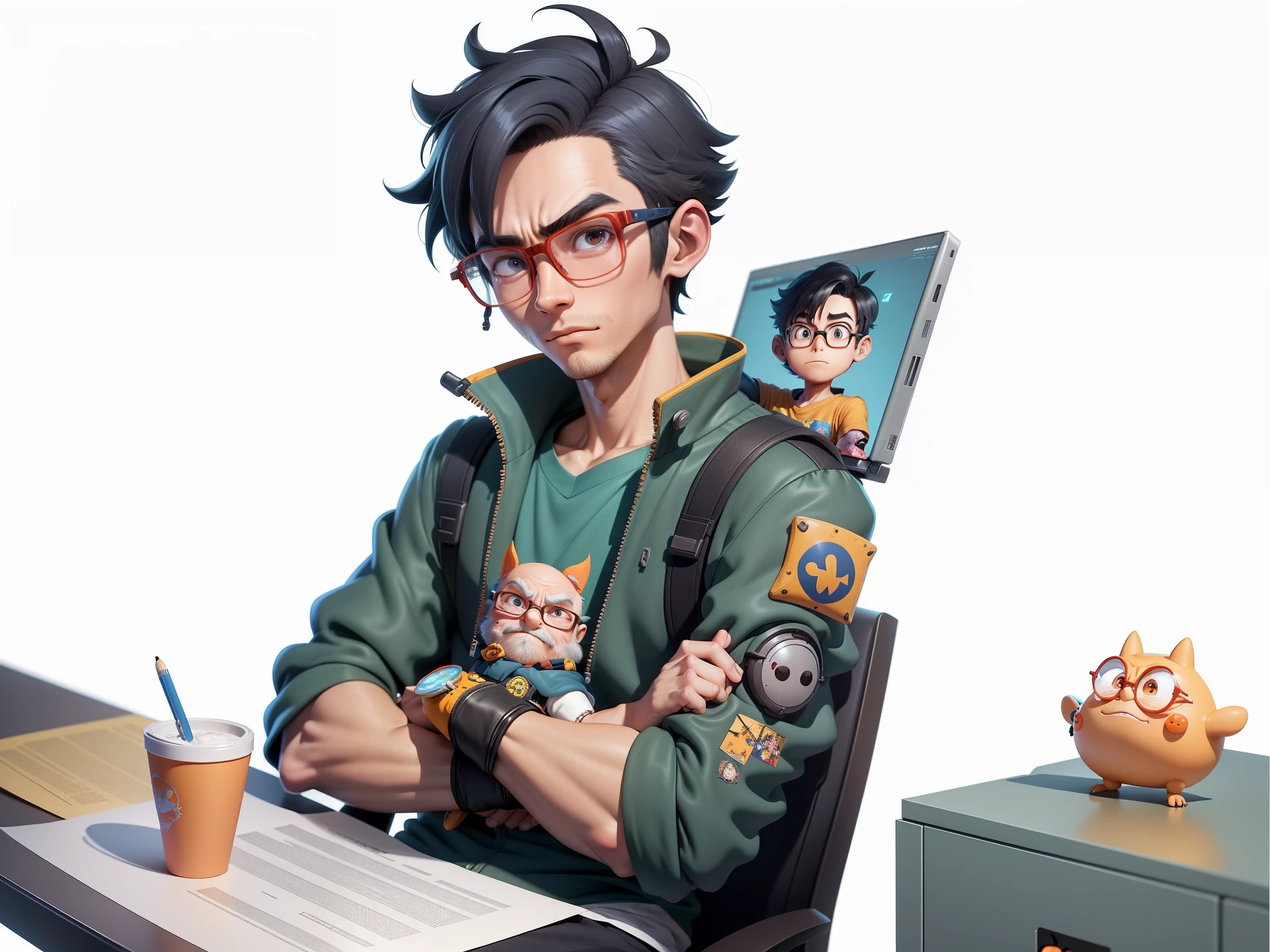 A young man with glasses sits at his desk,holding laptop,digitial painting,3D character design by Mark Clairen and Pixar and Hayao Miyazaki and Akira Toriyama,4K HD illustration,Very detailed facial features and cartoon-style visuals。
