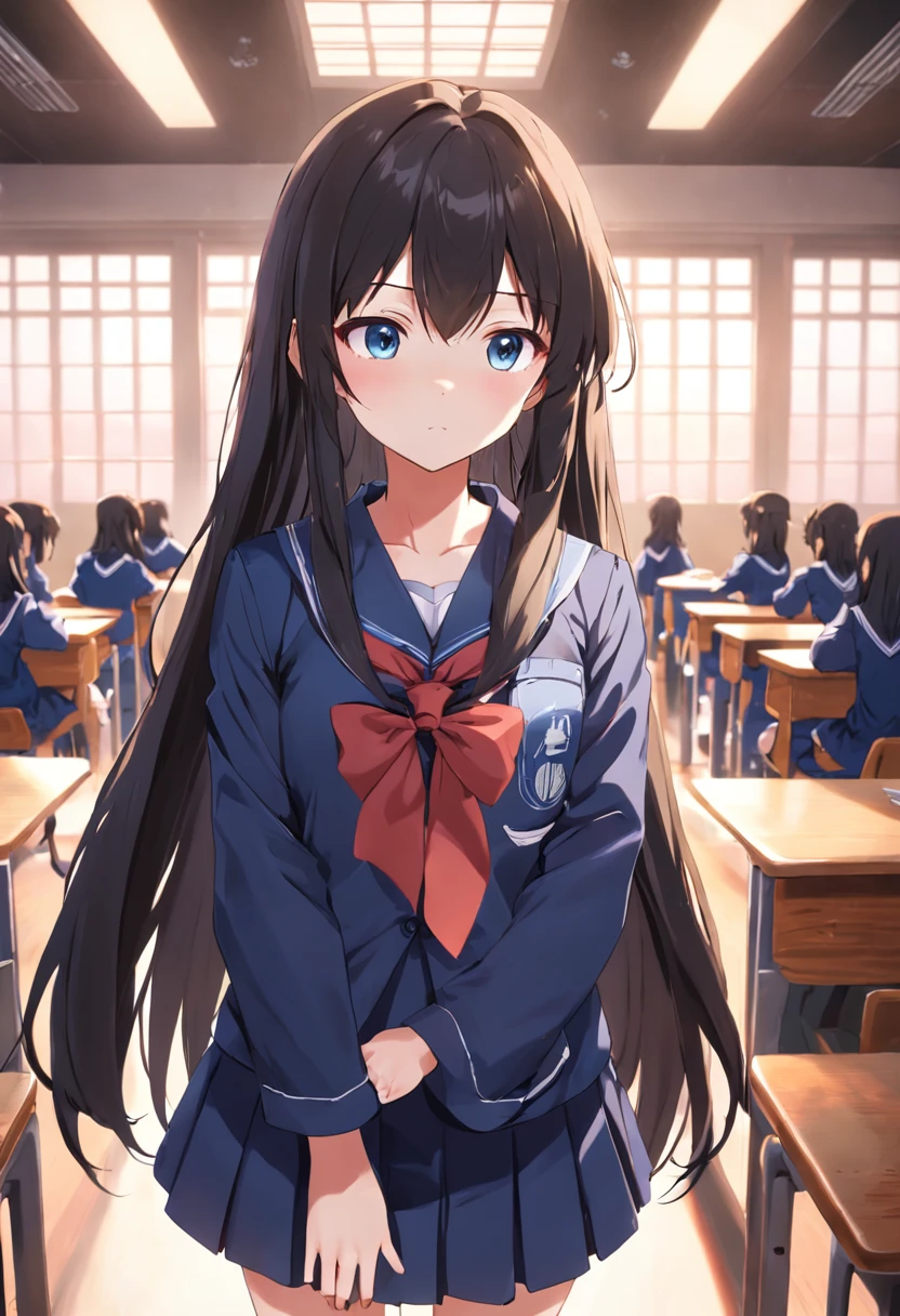 Anime girl with long hair and school uniform in class on campus，style of anime，anime artsyle