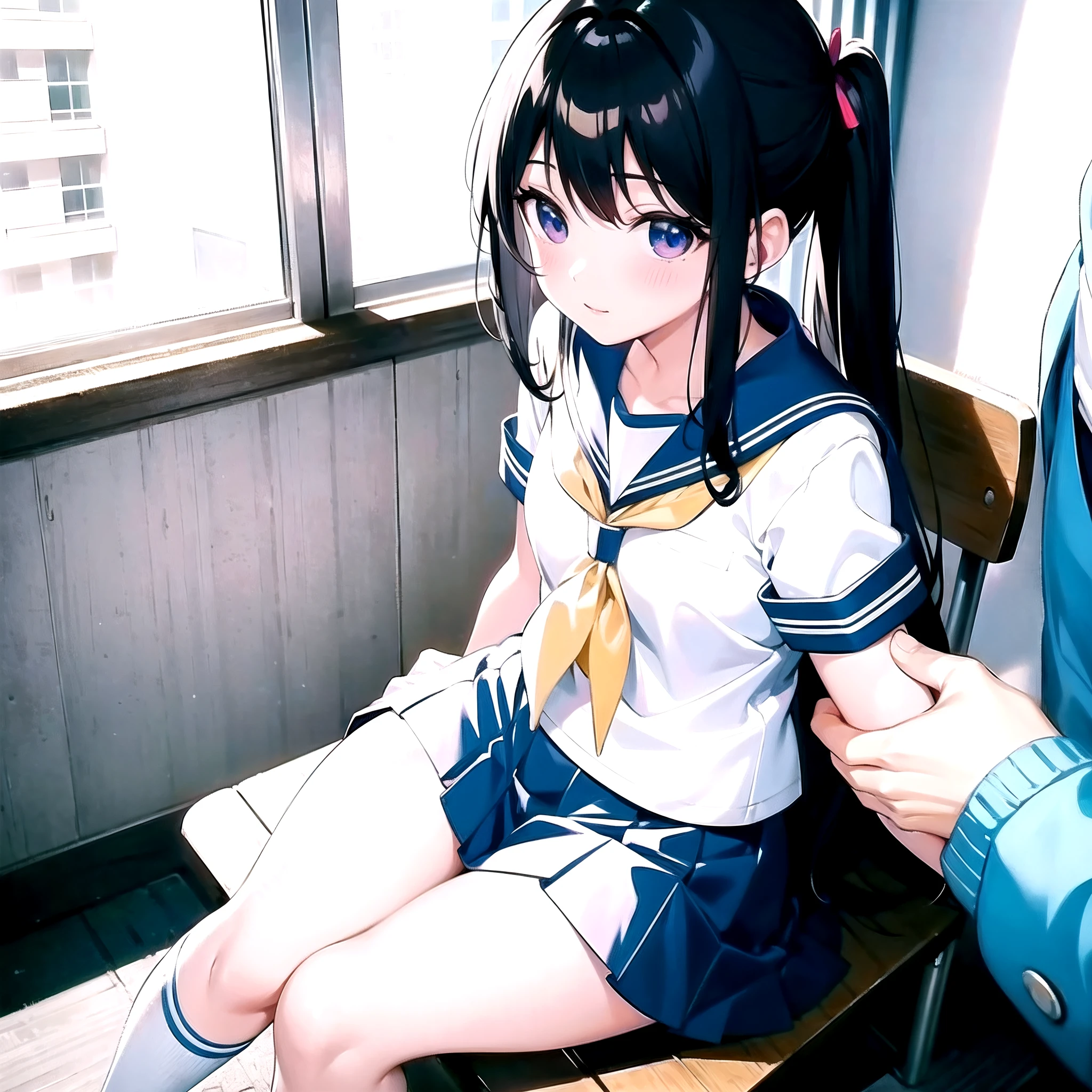 Anime girl sitting on a bench with a guy standing behind her, beautiful anime high school girl, a hyperrealistic schoolgirl, a hyperrealistic schoolgirl, Realistic Schoolgirl, anime moe art style, young anime girl, Cute anime girl, Seductive Anime Girl, charming anime girls, Ecchi anime style, the anime girl is crouching, Smooth Anime CG Art